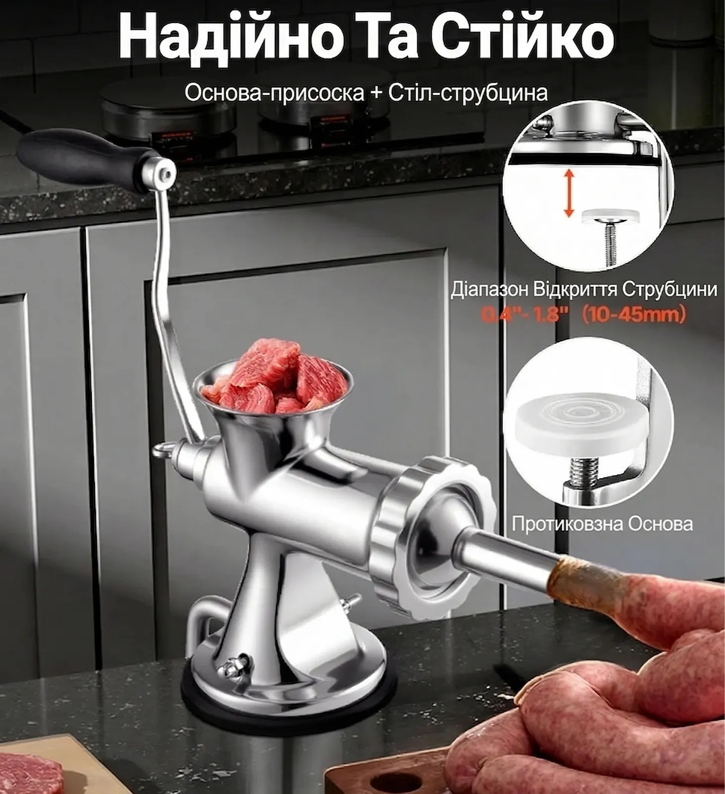 Ручна м'ясорубка VEVOR 8s / 2 диски (5мм, 8мм) / Присоска + затиск / Серебриста, фото №5