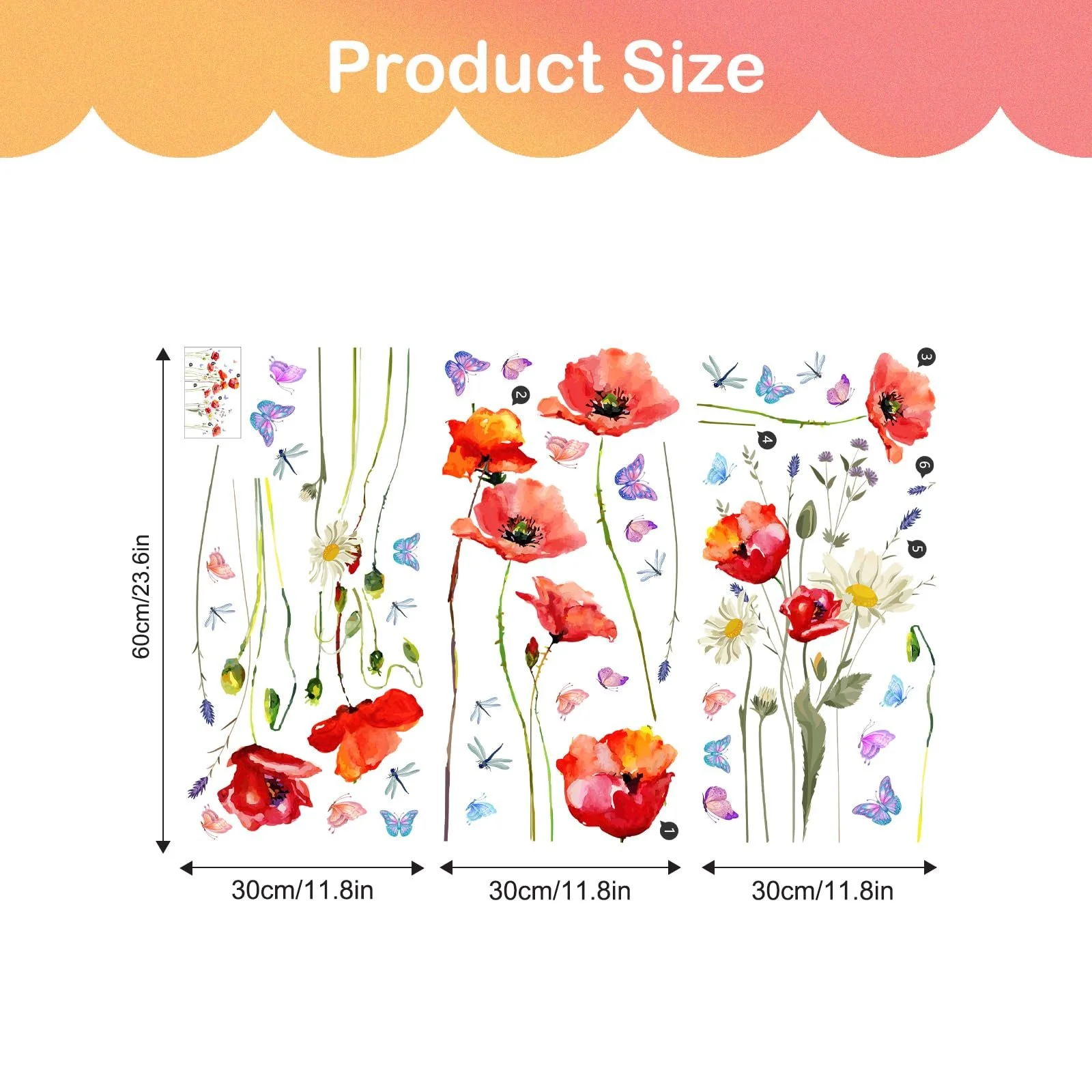 Наклейка на стену Tanlaby Red Poppies Watercolour Flowers Butterfly, фото №6