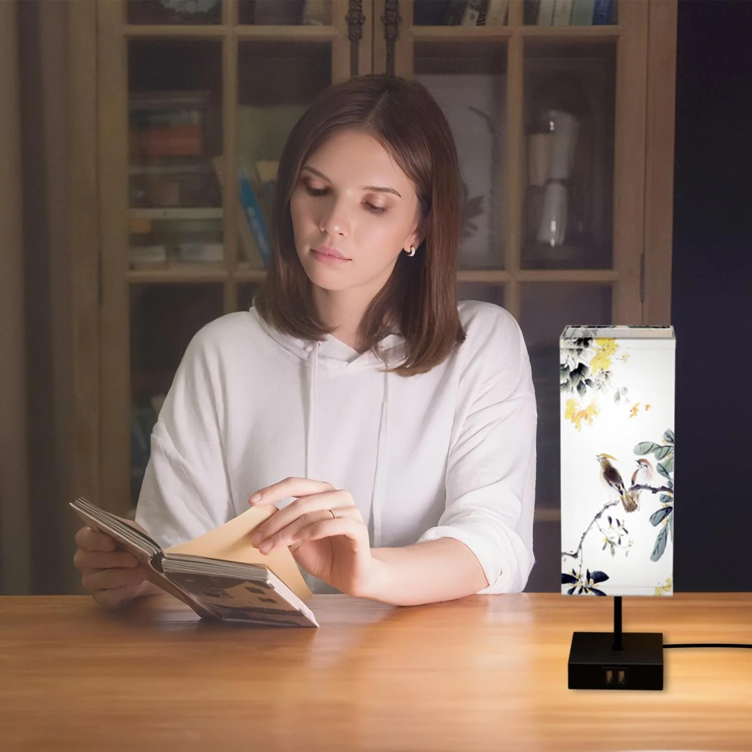 Настольная лампа прикроватная 2 шт тканевый плафон Птица диммер 3 температуры 2 USB порта, фото №7