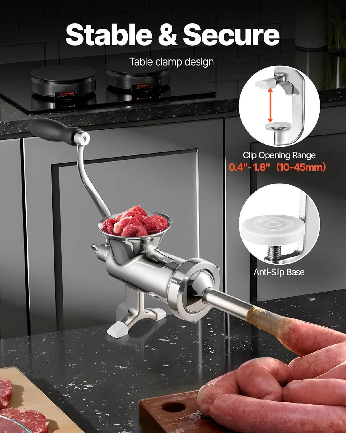 М’ясорубка ручна VEVOR N12 / Нержавіюча сталь 304 / Настільне кріплення / 2 диски для фаршу / Насадки для ковбас і печива / Серебриста, фото №3