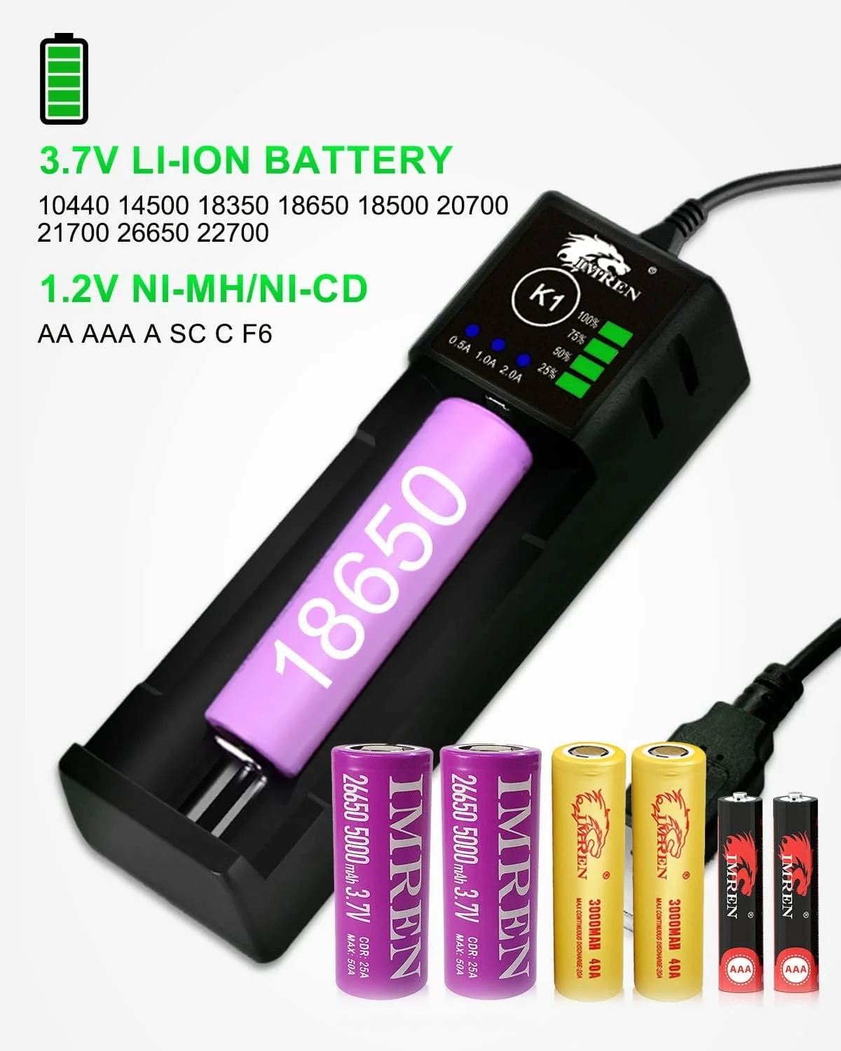 Зарядний пристрій IMREN 18650, 2A  для 1 x 3.7 В Li-Ion акумуляторів 18650 18500 18350 14500 16340 17500 20700 21700 26650 та 1.2 В NI-MH/NI-Cd AA AAA C (з USB C), фото №5