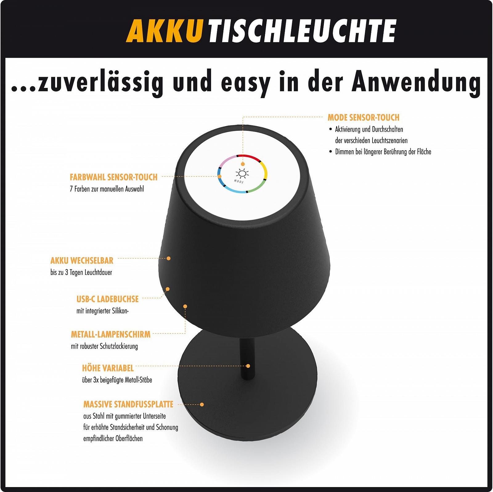 Настільна лампа m-e LUNA-80-S акумуляторна бездротова світлодіодна димована 5200 mAh 8-72 год 5 рівнів висоти сенсорна теплий білий та 7 кольорів Чорна, фото №3