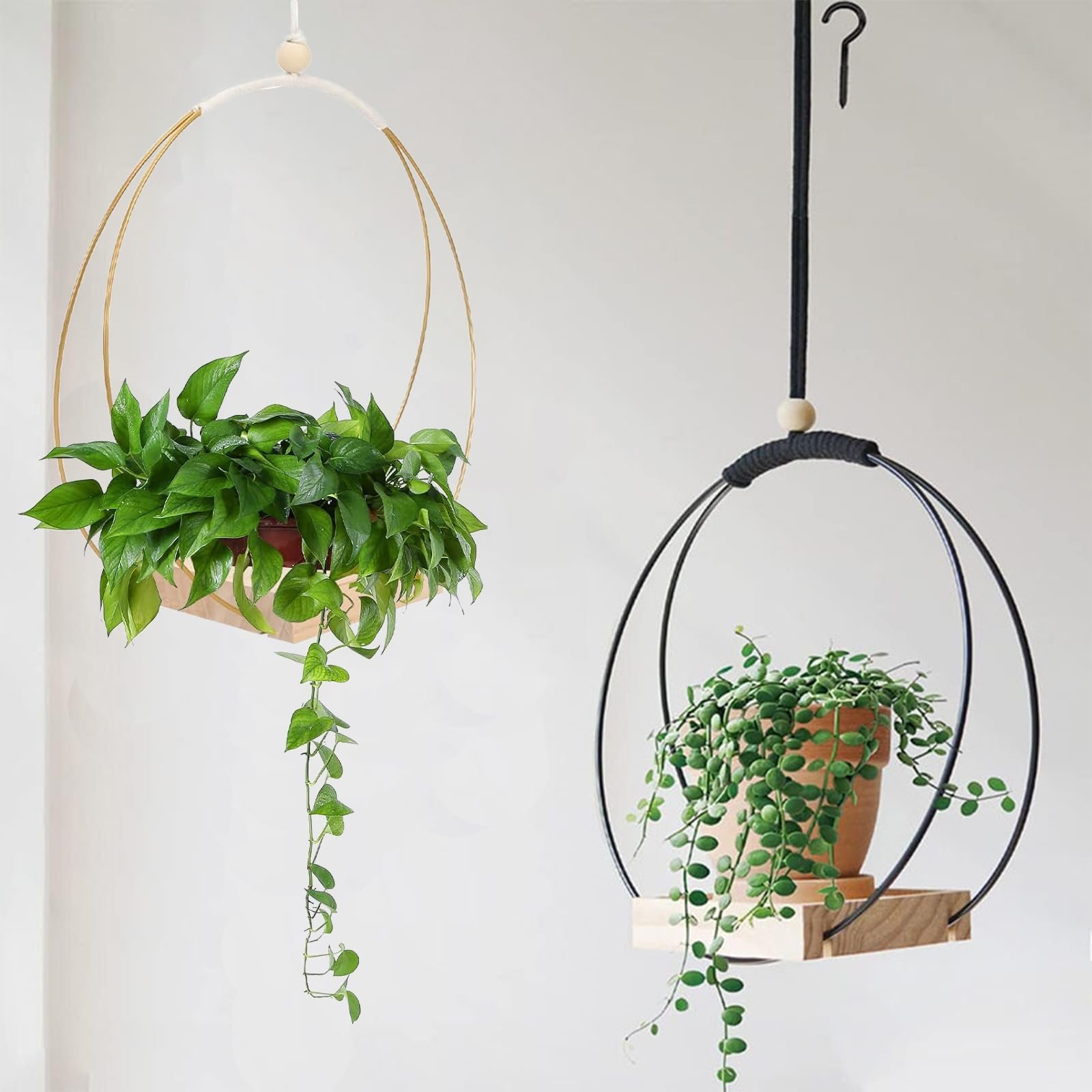 Підвісна корзина для рослин з дерев'яною основою 5 дюймів металева 2 шт., фото №6