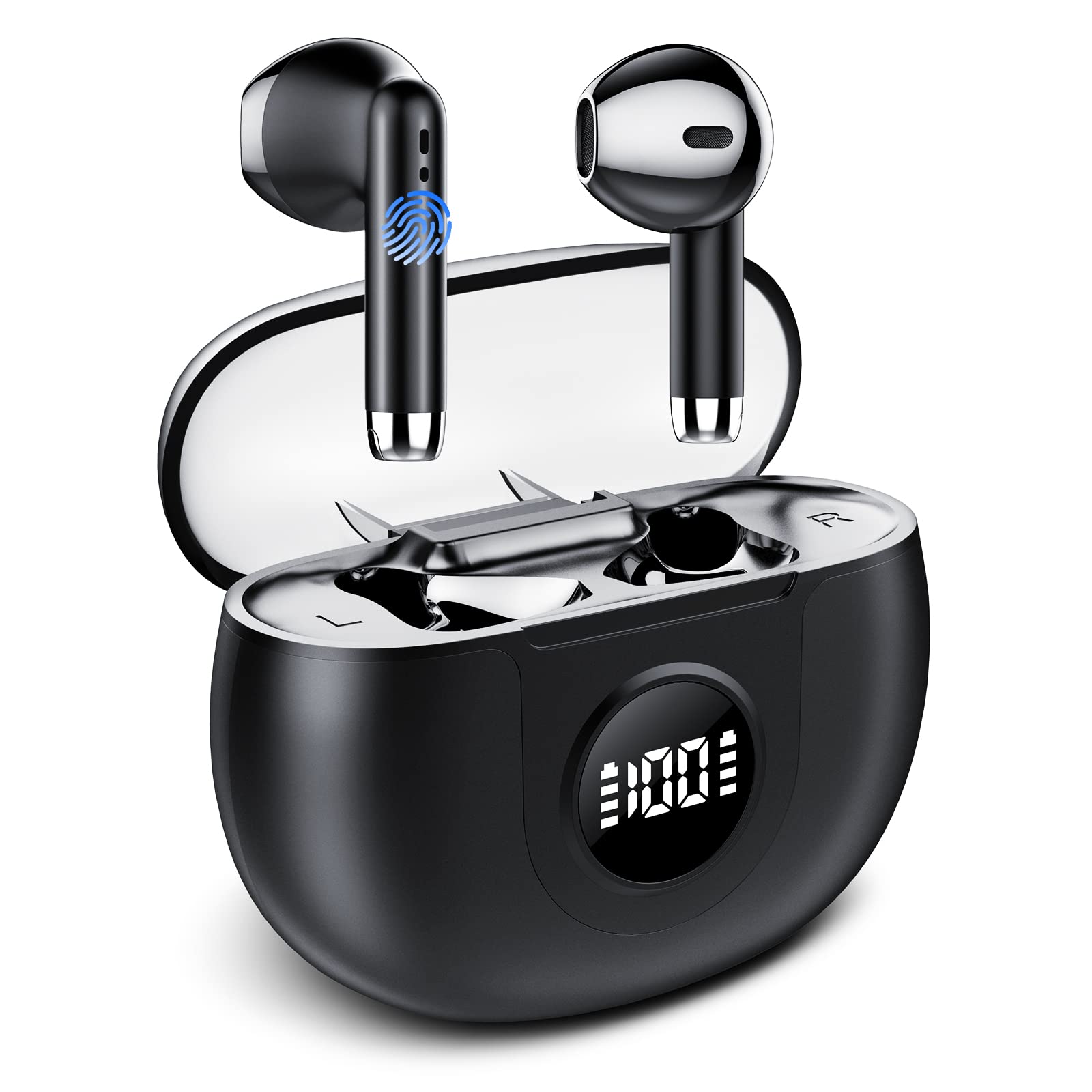 Бездротові навушники Bluetooth 5.3 з мікрофоном у вухо LED дисплей Глибокий бас USB-C 40 годин відтворення IPX7 Водонепроникні HiFi Стерео Звук, фото №1