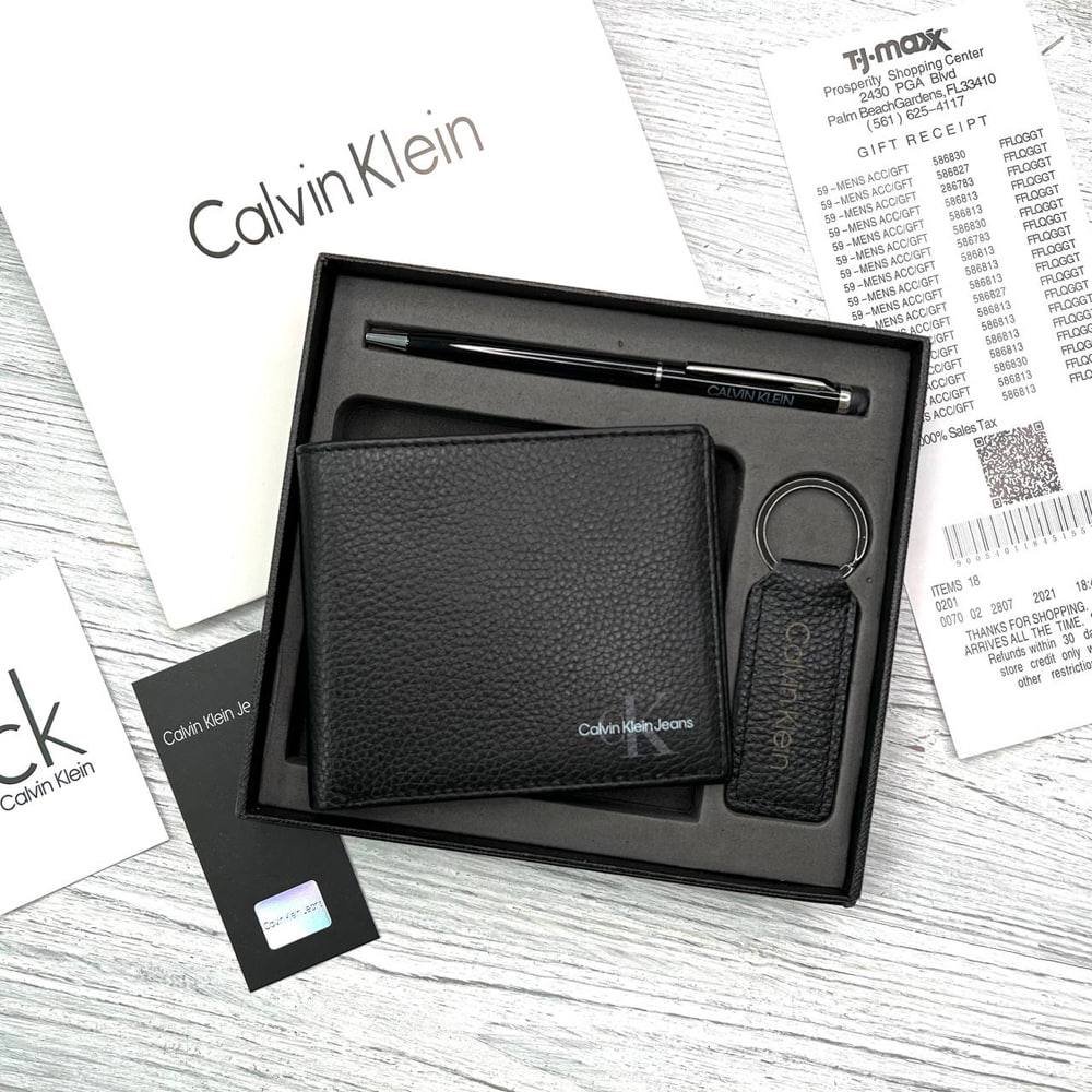 Мужской кошелек кожаный подарочный комплект с брелком и ручкой Calvin Klein Jeans, фото №1