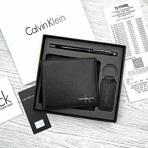 Мужской кошелек кожаный подарочный комплект с брелком и ручкой Calvin Klein Jeans - Фото 1