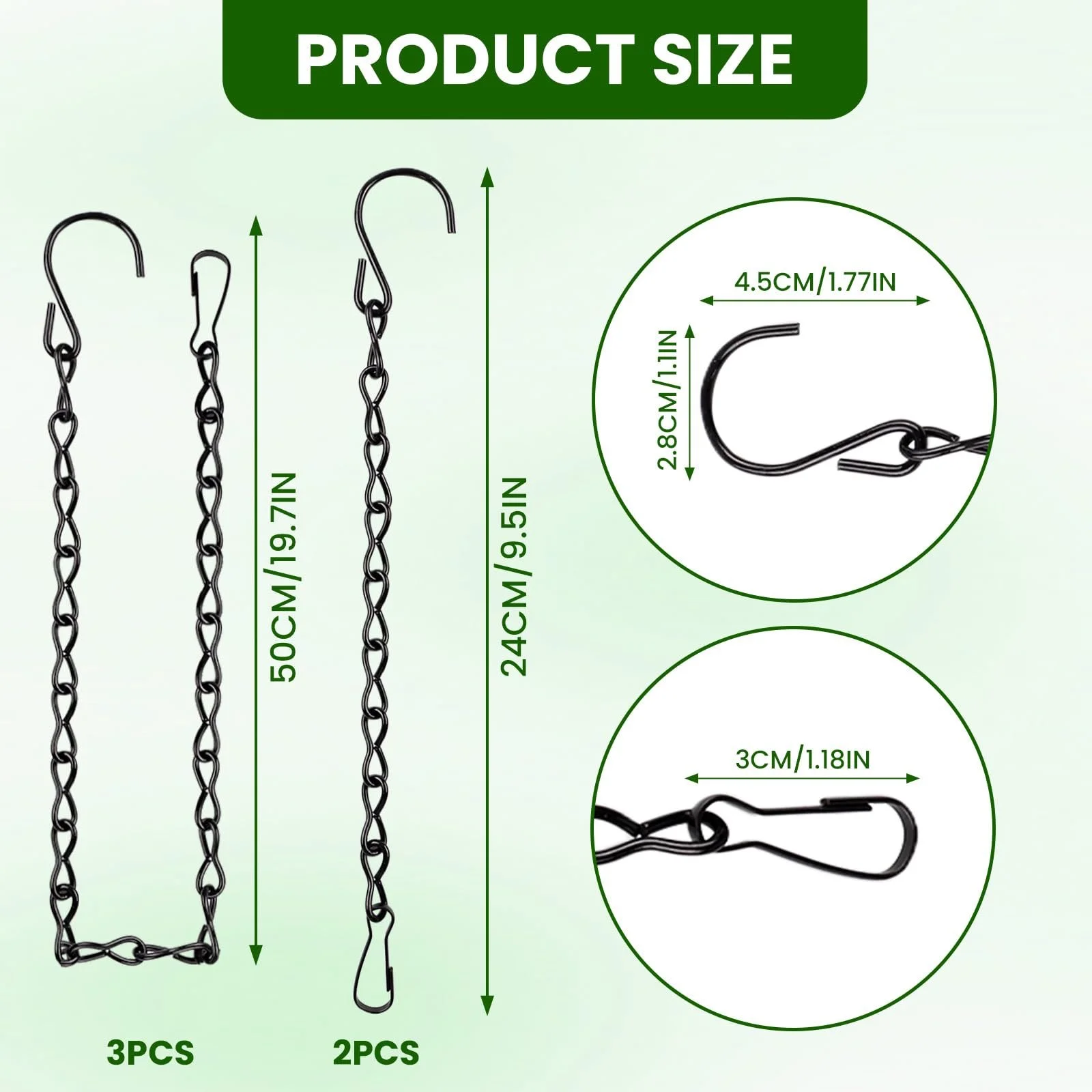 Подвесные цепи для корзин и вазонов с S-образными крючками и карабинами металлические 5 шт Черные, фото №4