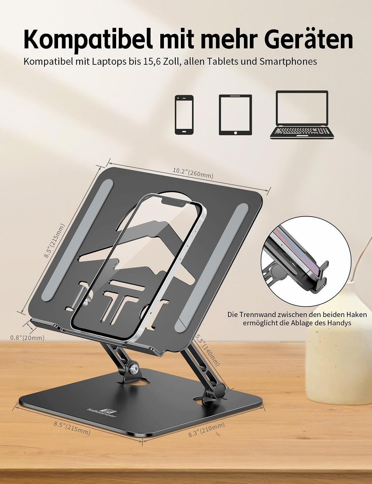 Підставка для ноутбука алюмінієва ергономічна, регульована по висоті та складна, стабільна та нековзка, покращена вентиляція, сумісна з MacBook (до 15,6 дюймів), чорна, фото №6