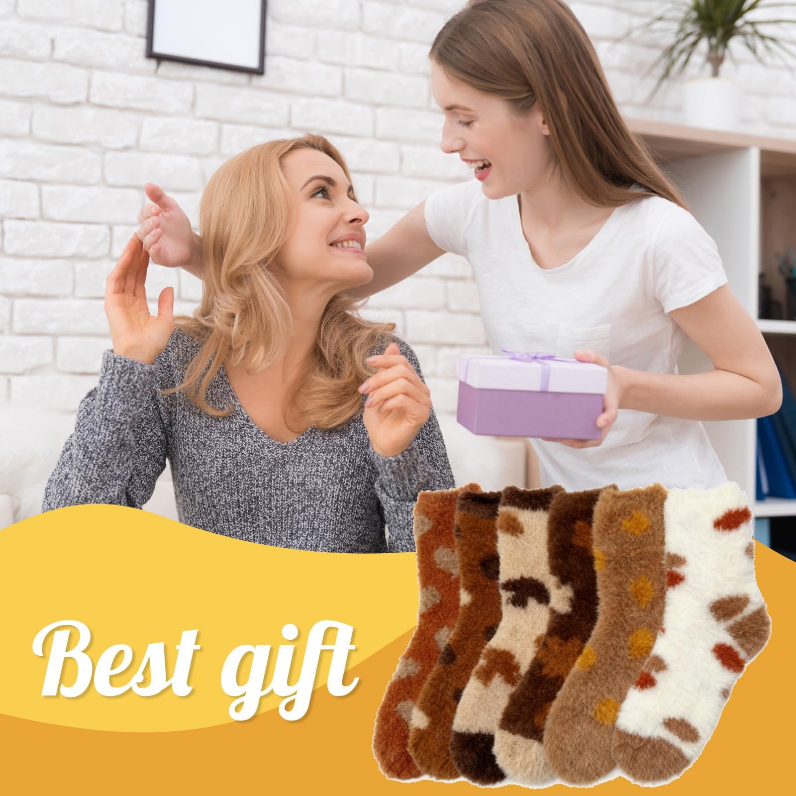 Пушистые носки 6 пар, Коричневые узоры, Теплые домашние носки для сна для осени и зимы, 36-42, фото №5