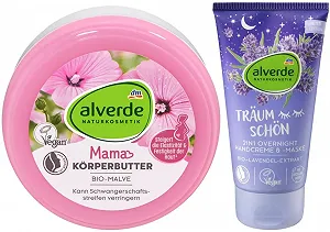 Набор для ухода за телом Alverde Natural Cosmetics: Масло для тела Mama с органической мальвой для ухода за кожей во время и после беременности (200 мл) + Ночной крем и маска для рук 2-в-1 Dream Beautiful (75 мл), 275 мл - Фото 1