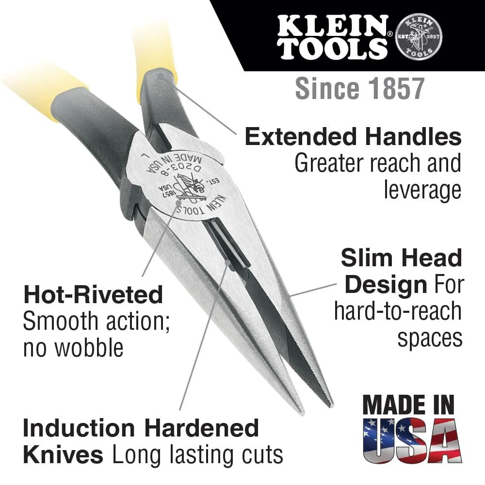Плоскогубцы Klein Tools D203-8NCR длинноносые, для тяжелых условий эксплуатации, 20,32 см, с боковым резом, для зачистки проводов и обжима, фото №2
