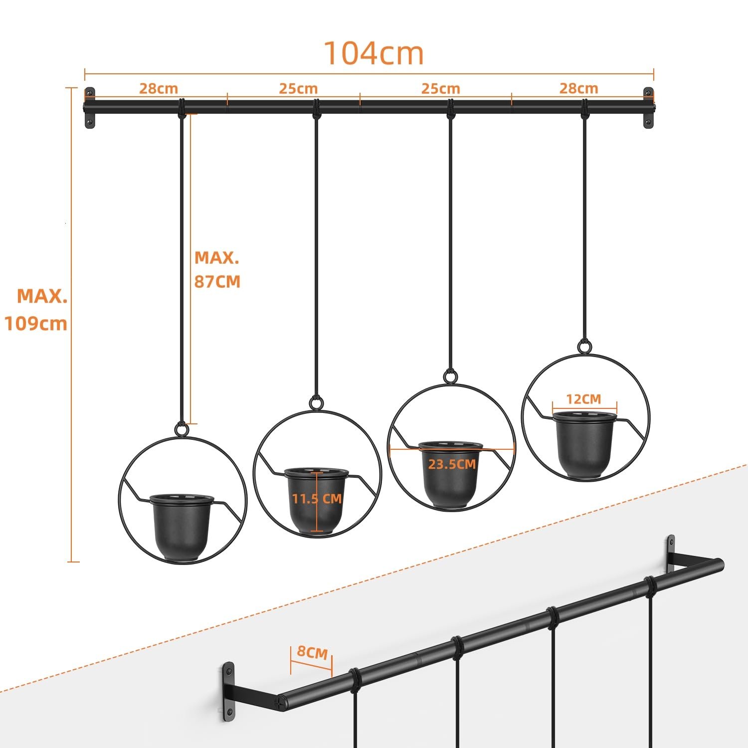 Підвісний квітковий горщик Bomclap Набір 4 шт. Круглі кошики з меламіновим горщиком Чорний, фото №4 Підвісний квітковий горщик Bomclap Набір 4 шт. Круглі кошики з меламіновим горщиком Чорний, фото №4