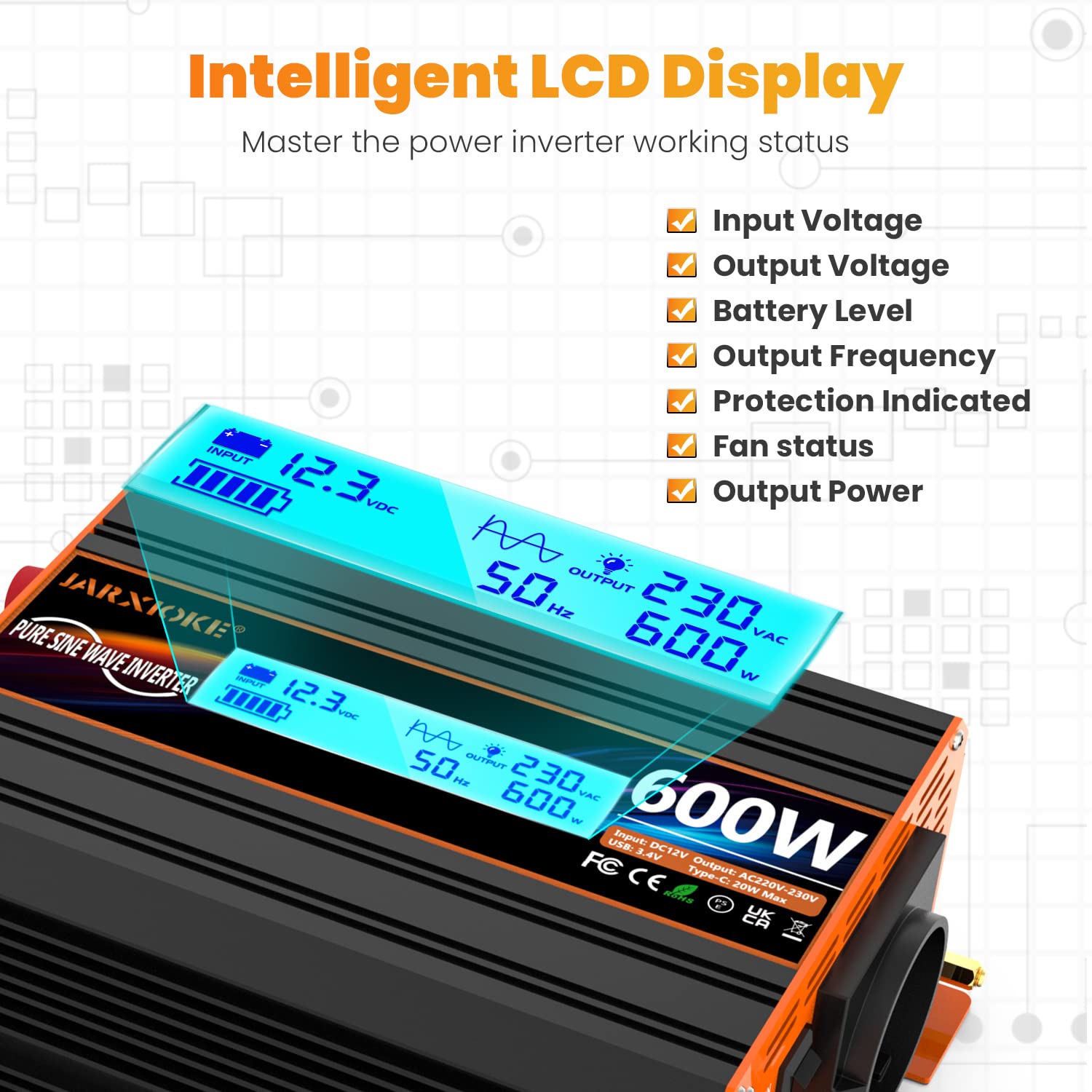 Инвертор Pure Sine Wave 600 Вт 12 В до 230 В с розеткой EU LCD дисплей, фото №2