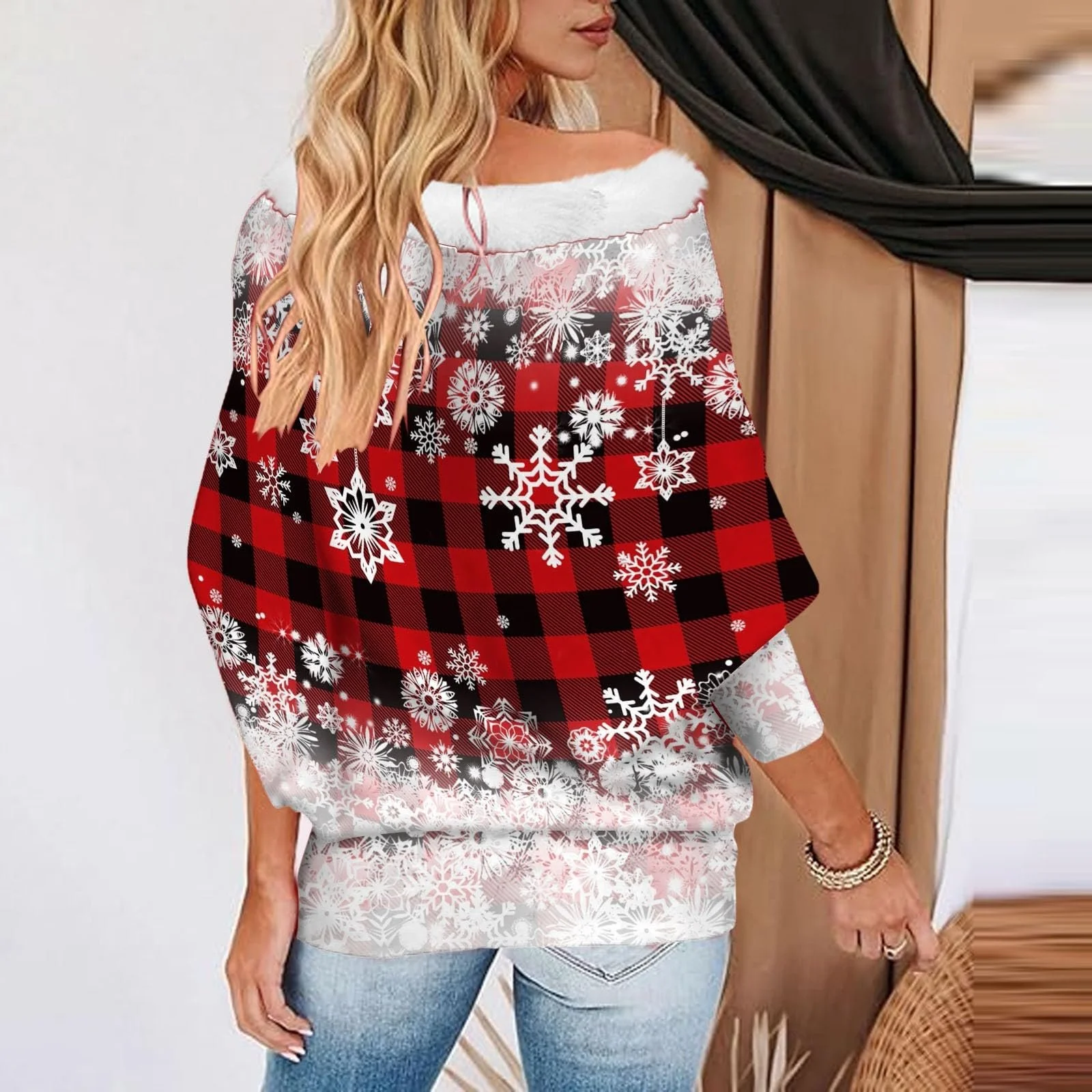 Женская толстовка с открытыми плечами, длинными рукавами, большого размера, с милым принтом елки и снежинок, фото №4