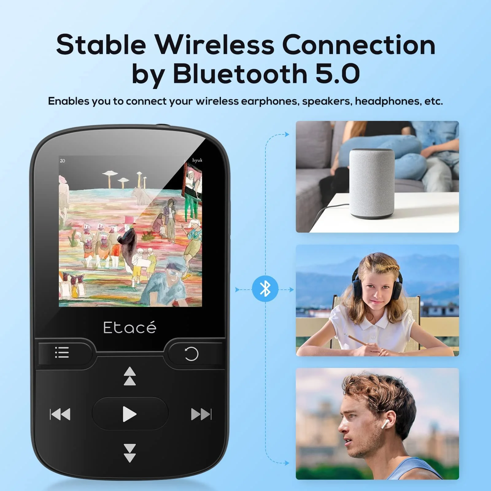 MP3-плеєр Etacé Bluetooth 5.3, спортивний з 16 ГБ внутрішньої пам'яті, FM-радіо, електронна книга, крокомір, запис голосу та підтримка карт TF/Micro SD до 128 ГБ, фото №3