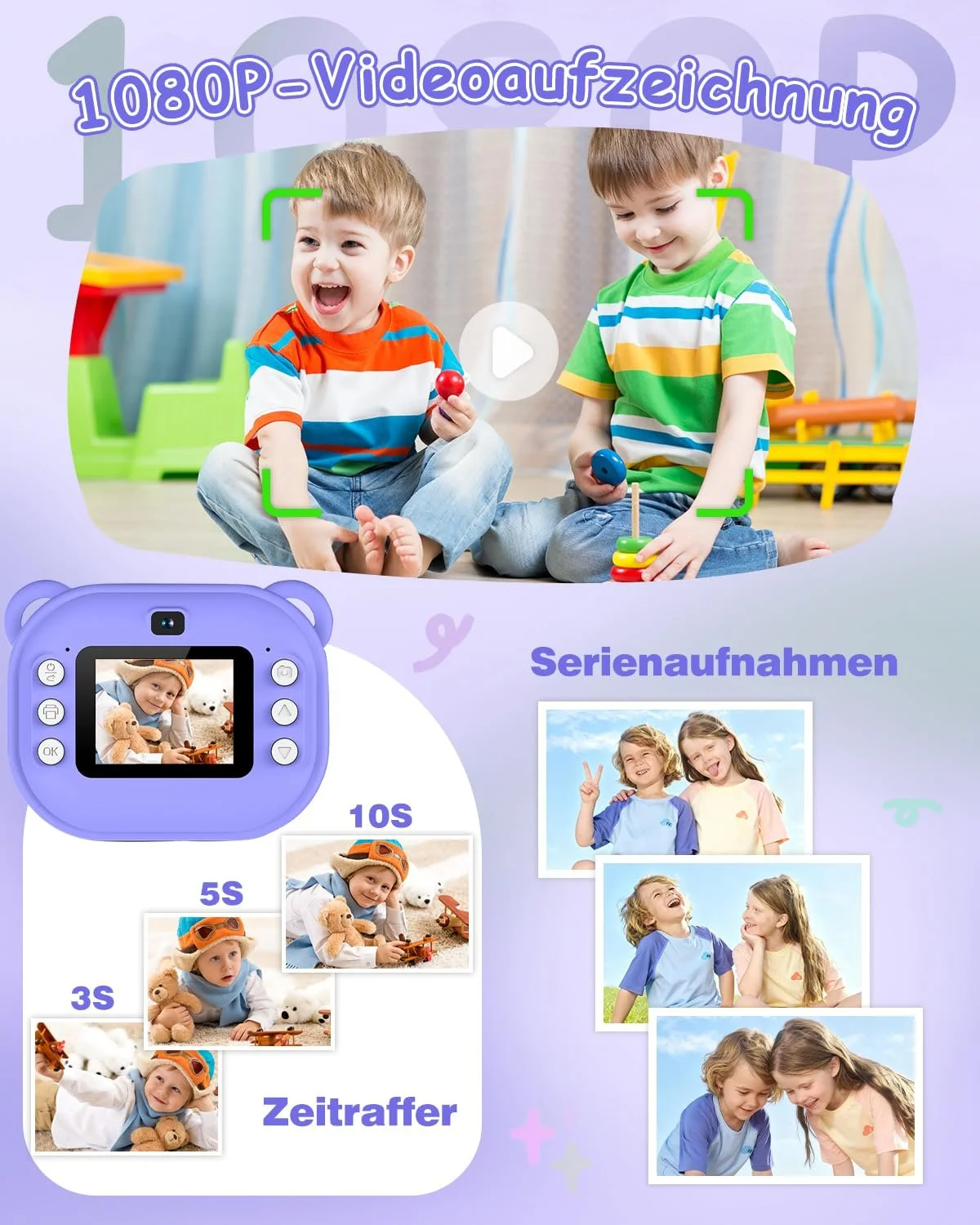 Детская камера мгновенной печати 1080P Dual Lens 2 дюйма 32GB Фиолетовая, фото №3