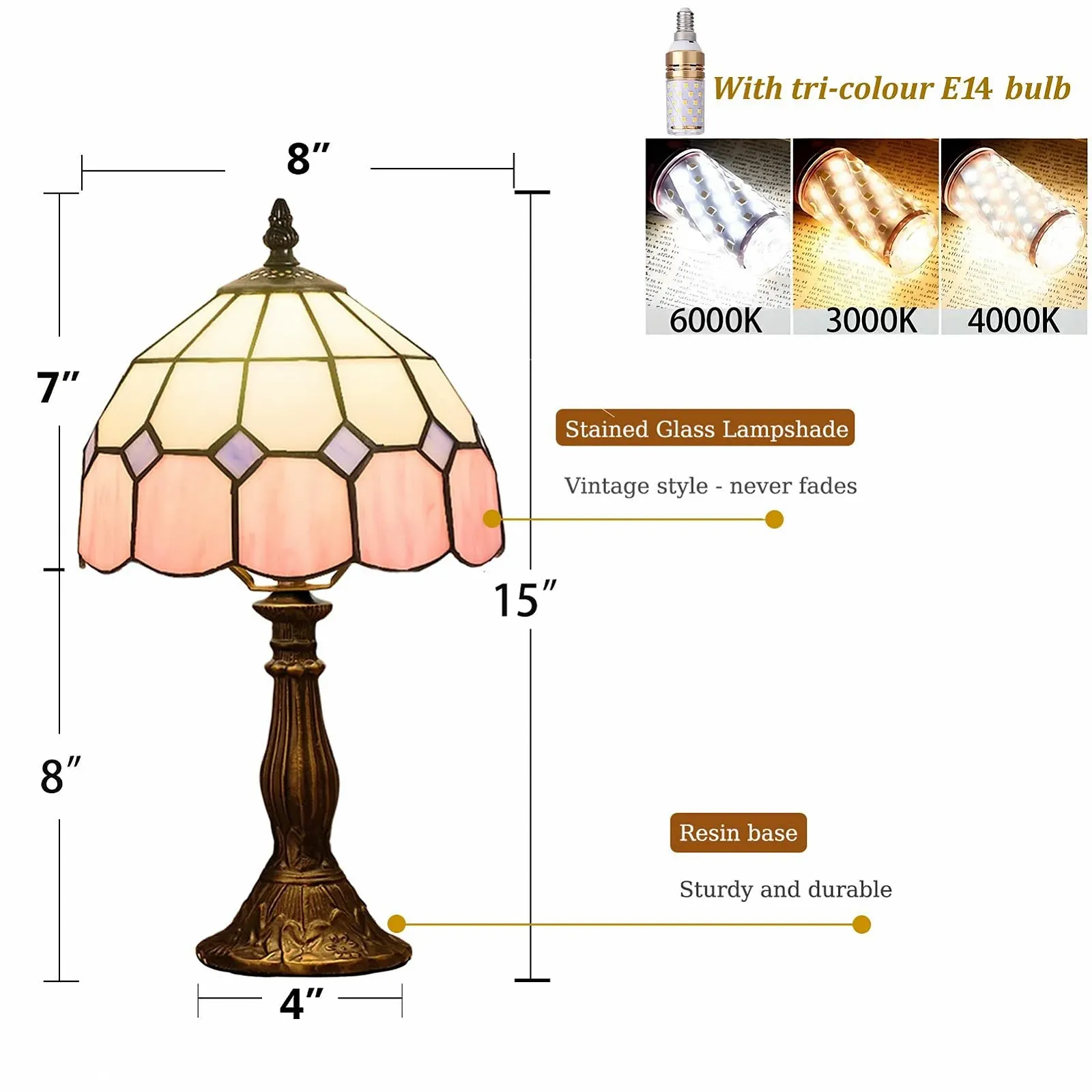 Настільна лампа Kinbolas Tiffany Style Handmade Stained Glass Art Deco E14 Pink 2, фото №5