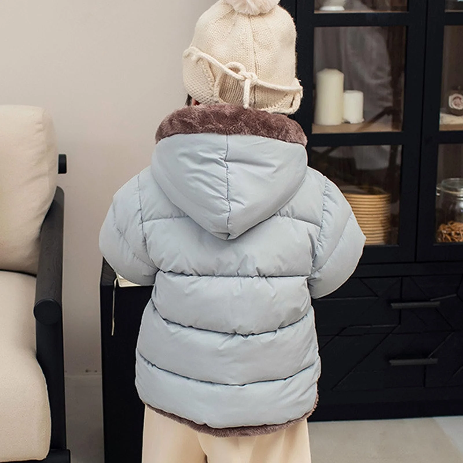 Зимова куртка для підлітків, однотонна куртка з капюшоном на флісовій підкладці, фото №3