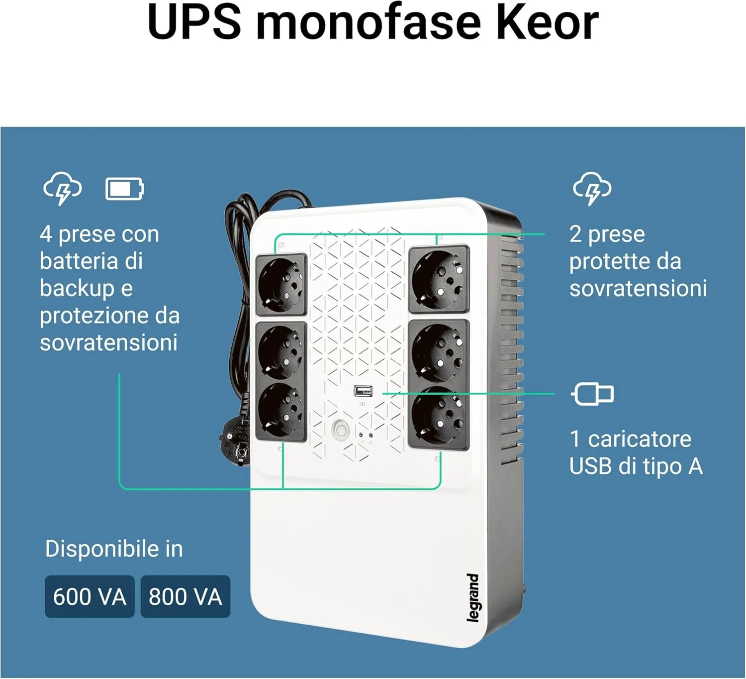 Источник бесперебойного питания Legrand Keor Multiplug 800 ВА / 480 Вт / 6 выходов на 230 В / зарядное устройство USB / Белый, фото №2