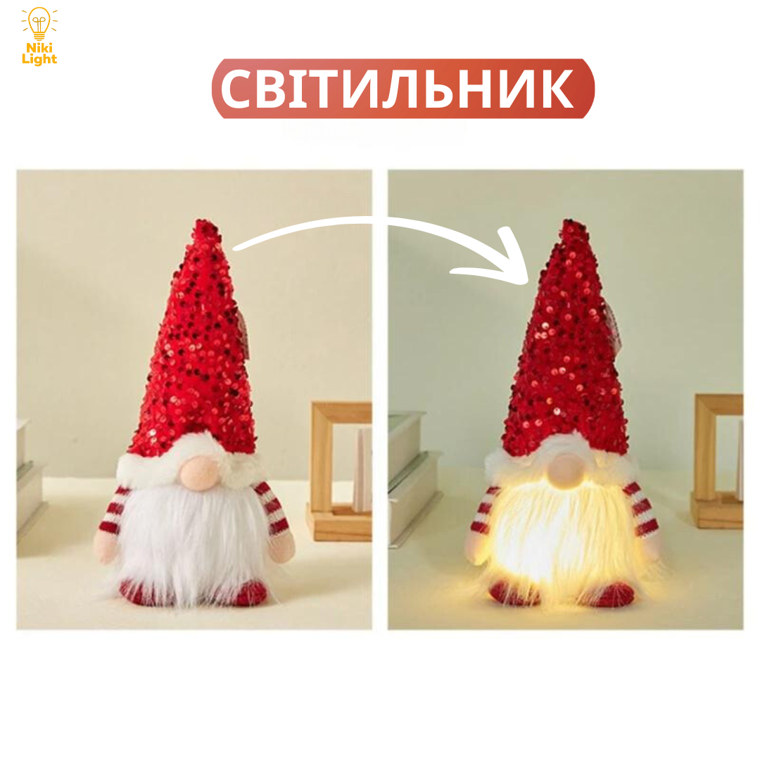 Новогодний гном с подсветкой новогодняя фигурка под елку высота 30см батарейки в комплекте Красный, фото №4