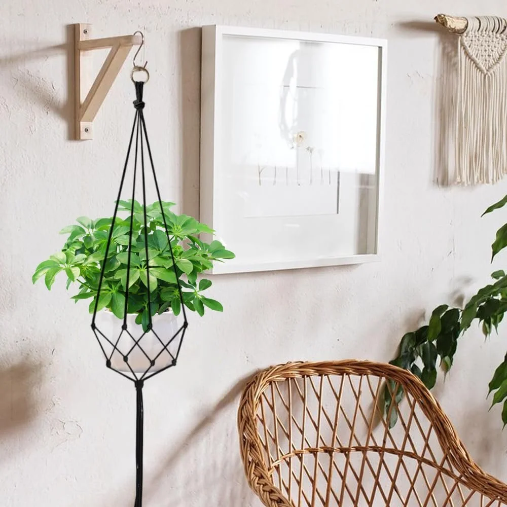 Підвісні кашпо макраме бавовняна мотузка 60/80/100 см 6 шт Чорний, фото №5