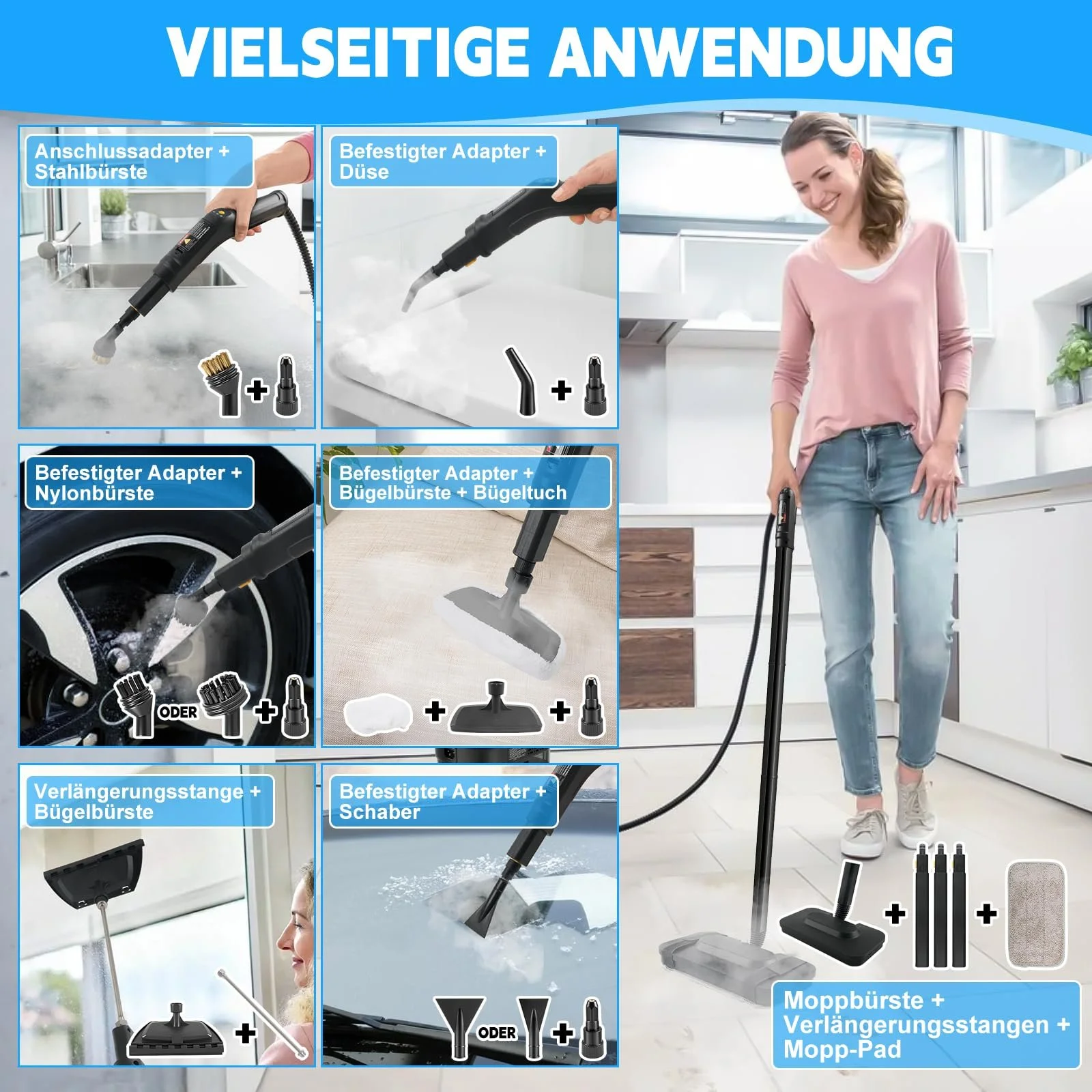 Пароочисник ручний 2500 Вт з 15 аксесуарами 4.5 бар 1600 мл переносний, фото №6