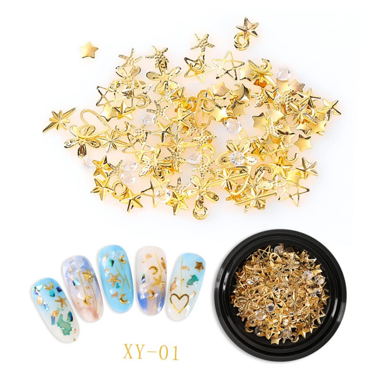 Украшение для ногтей minkissy, 5 шт., золотые заклепки, набор ювелирных изделий для ногтей, хлопья, блестки, бриллианты, стразы, луна, звезда, подвески, шармы, стразы, фото №4