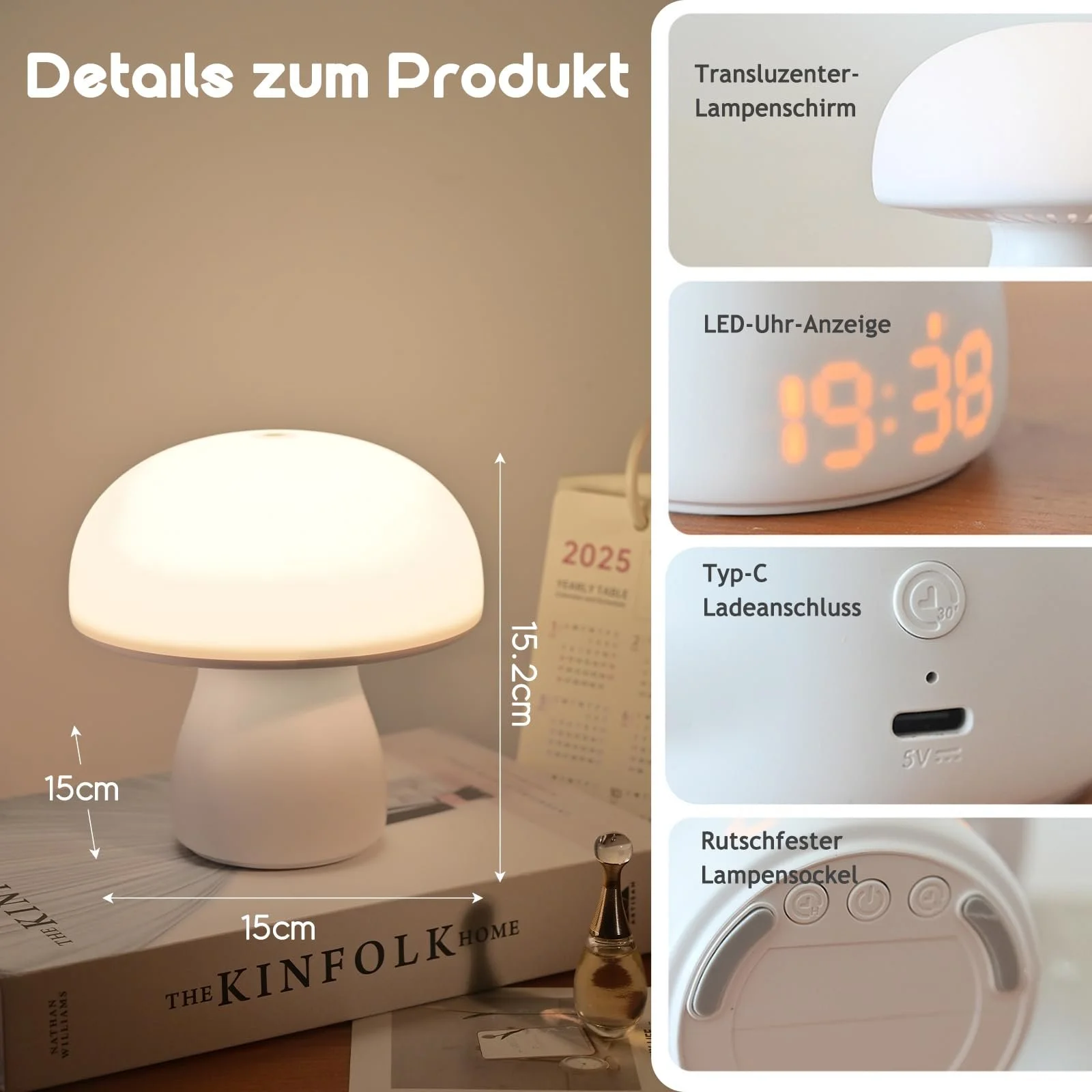 Настільна лампа Justup Mushroom світлодіодна акумуляторна 3600 мАг з годинником та таймером, фото №7