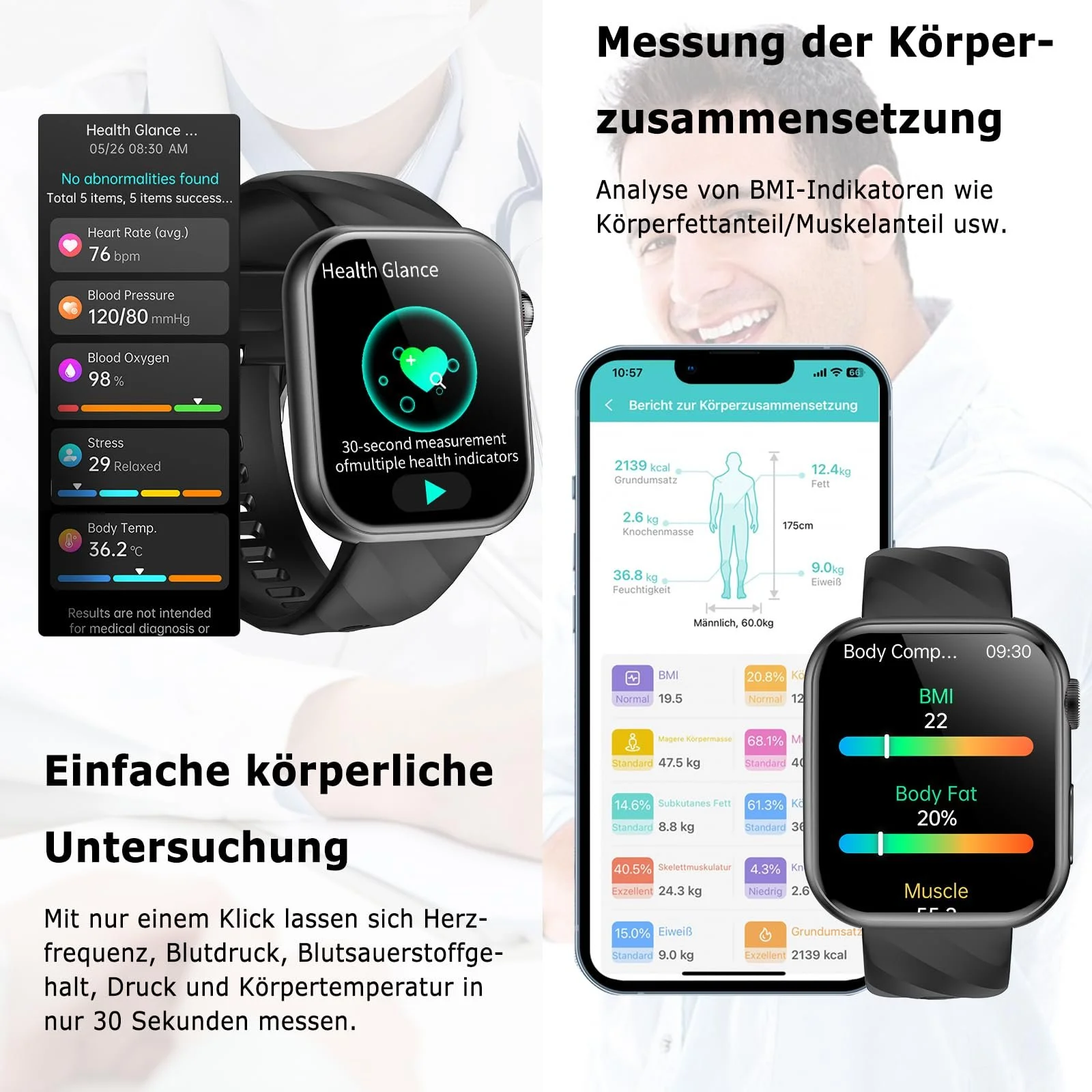 Смарт-часы 2025 ECG + HRV/BMI для мужчин и женщин, 1,97-дюймовый AMOLED, монитор здоровья с функцией телефона, круглосуточный мониторинг сердечного ритма SpO2, артериального давления, температуры тела, мониторинг сна, Черный, фото №3