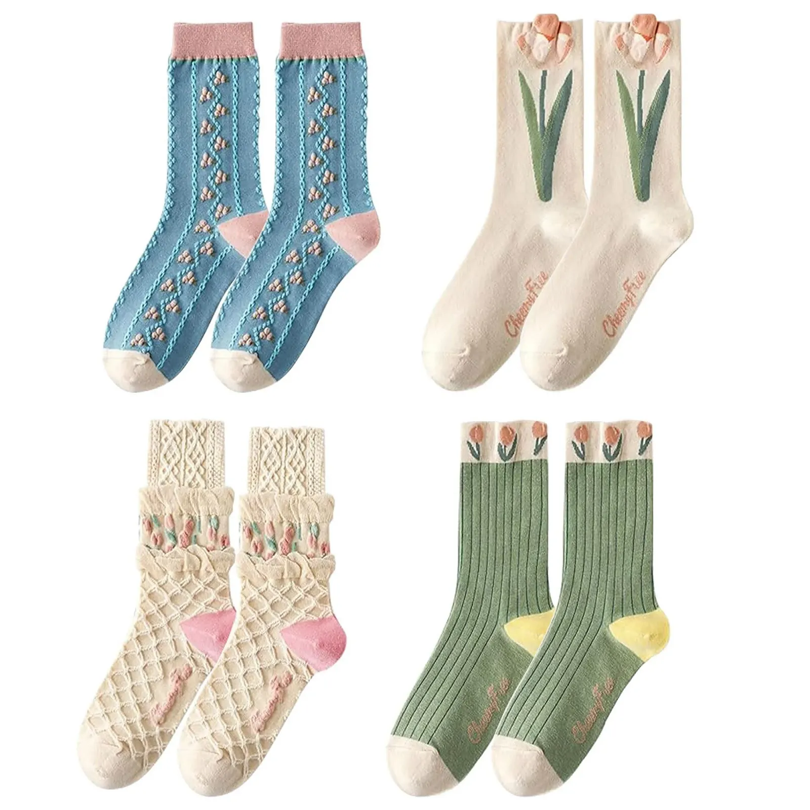 Шкарпетки з оборками (4 пари) з вишивкою тюльпанів, фото №1 Шкарпетки з оборками (4 пари) з вишивкою тюльпанів, фото №1