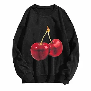 Пуловер Komiseup Oversized Y2K Лонгслив Базовый Круглый вырез Толстовка без капюшона Элегантный Однотонный Лонгшерт Модный Принт вишни Рубашка Хлопок Спортивная рубашка Подросток Девочки Уличная одежда 09 - Фото 1