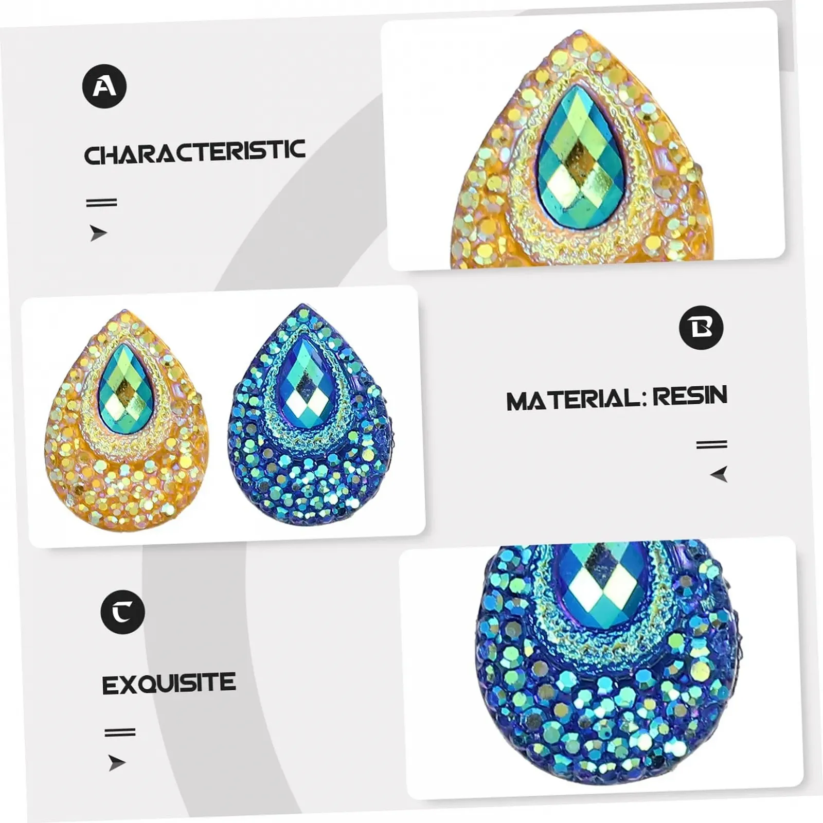 Стразы Капля воды Смола 18x13мм Желтый Голубой 100 шт., фото №7