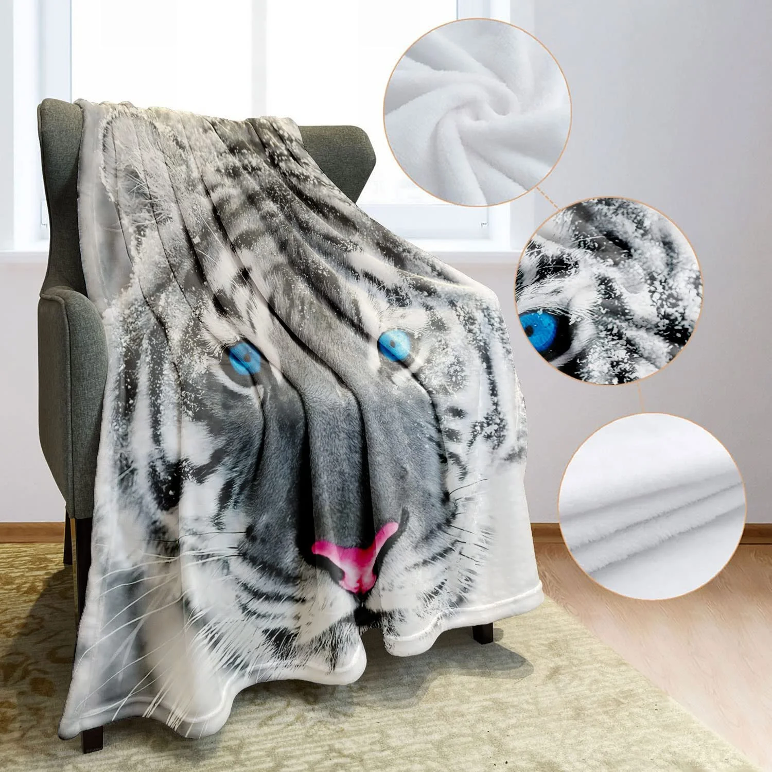 Одеяло Violetpos Флисовое Мягкое Теплое Уютное Фланелевое для дивана Сибирский Тигр Голубые Глаза 150 x 200 см, фото №6