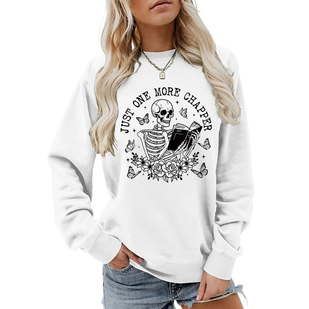 Женская толстовка MLZHAN Just One More Chapper Halloween, смешной скелет, читающий книгу, цветы, графический принт, длинный рукав, осенние топы, фото №1