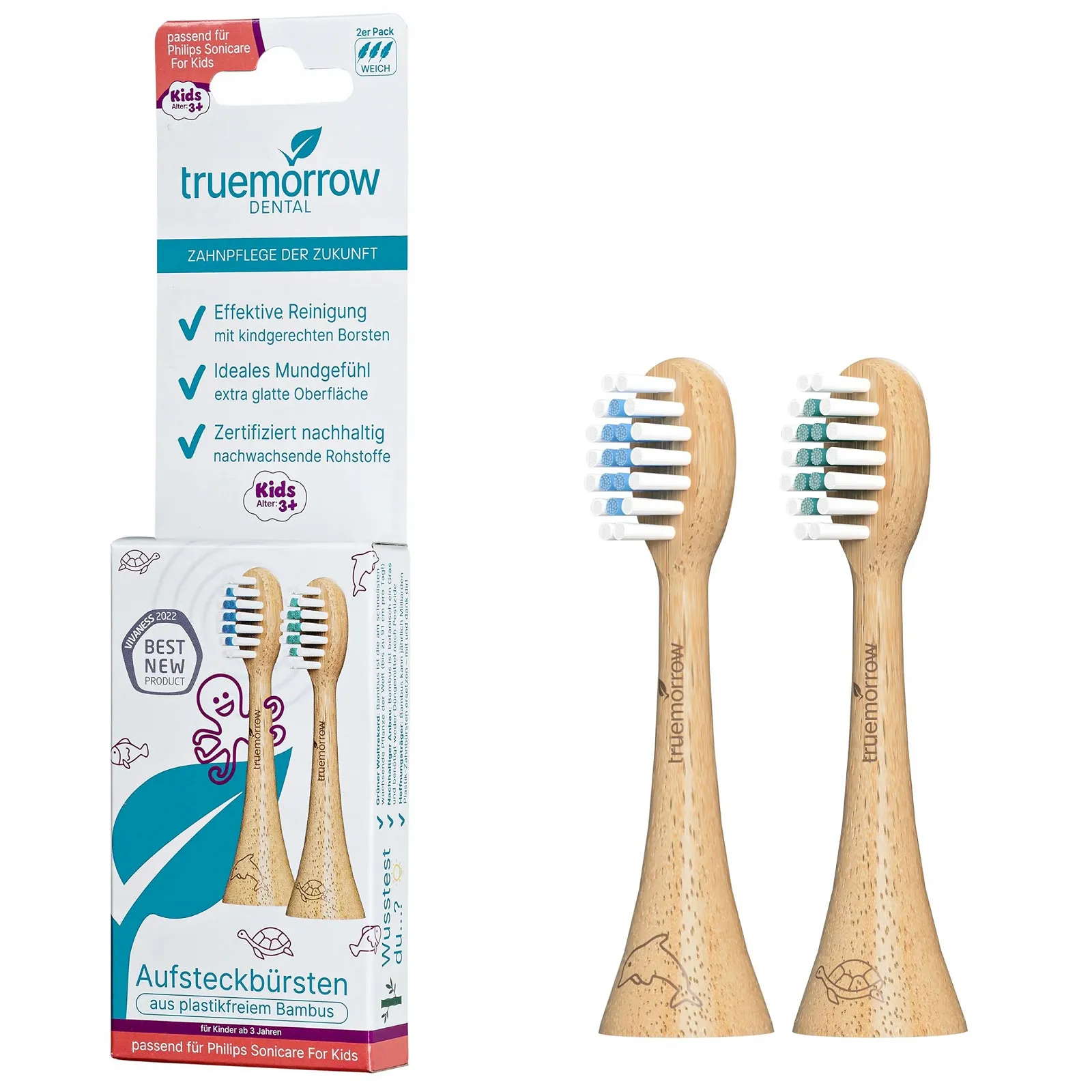 Сменные бамбуковые насадки для зубной щетки truemorrow для Philips Sonicare Kids 2 шт. Мягкие, фото №1