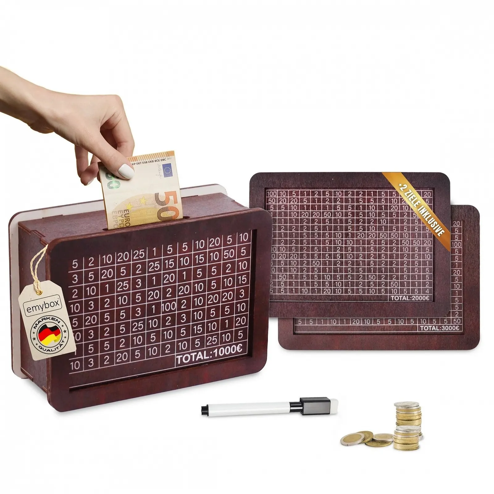 Скарбничка Wooden з 3 цілями (€1000, €2000, €3000) та ручкою, фото №1