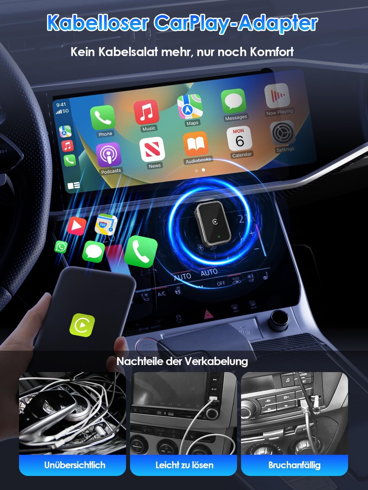 Бездротовий адаптер CarPlay PARPAT Бездротове перетворення через USB/Type-C, сумісний з iPhone, стабільне з'єднання, без затримок, для автомобілів з дротовим CarPlay, фото №2