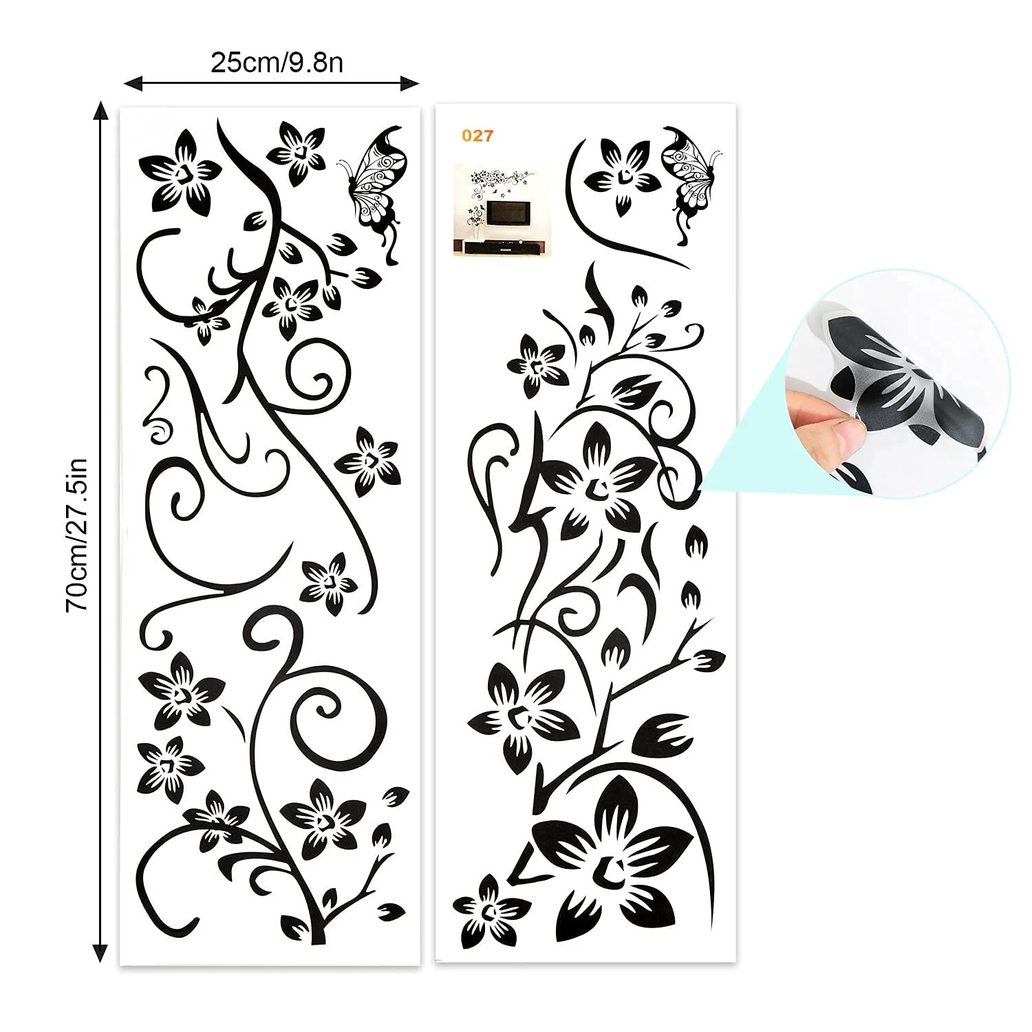Набір наклейок на стіну Квіти та метелики 2 шт. 25 x 70 см Чорний, фото №4
