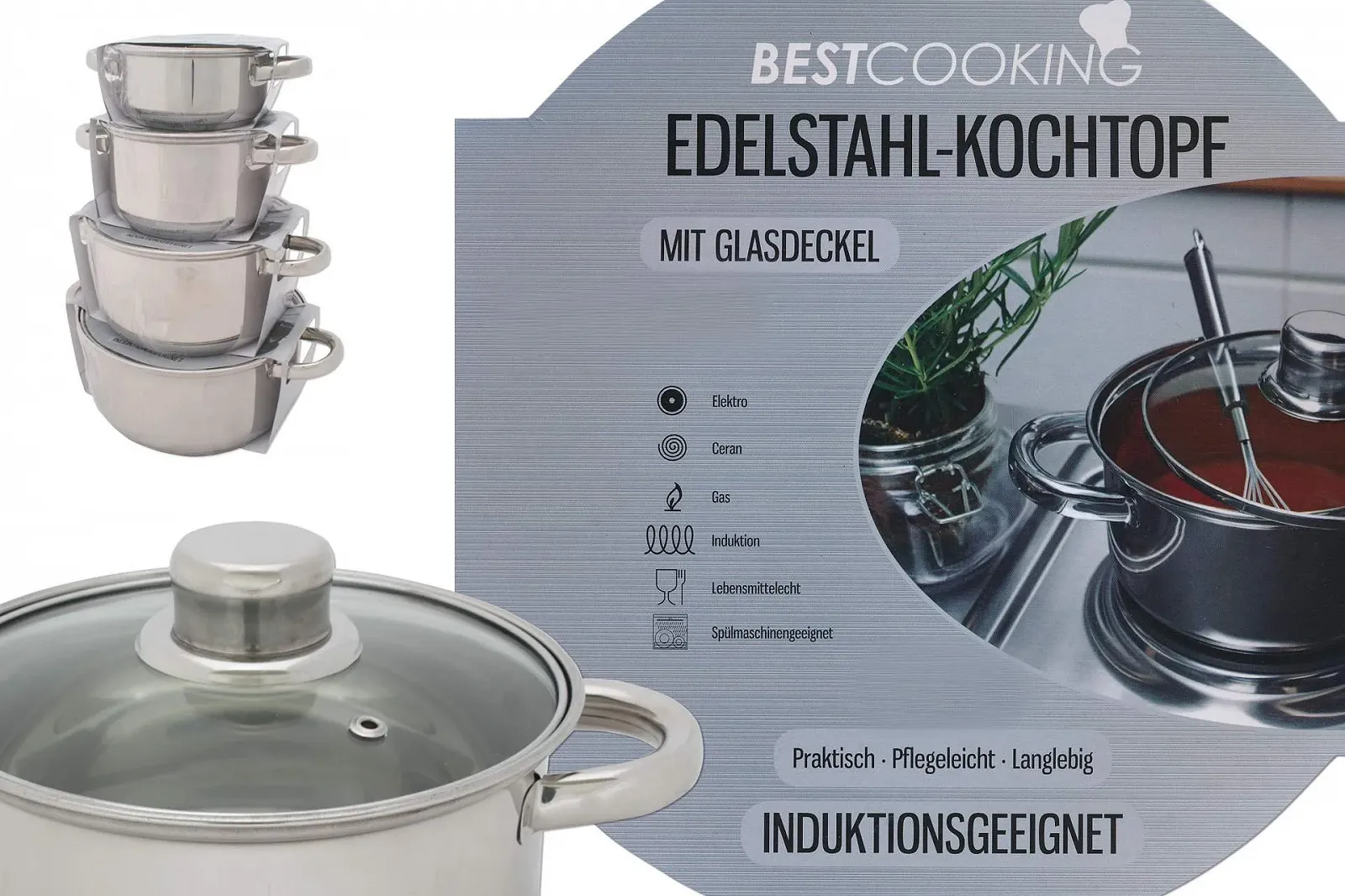 Кастрюля из нержавеющей стали со стеклянной крышкой 3.5 л 20 см, фото №4