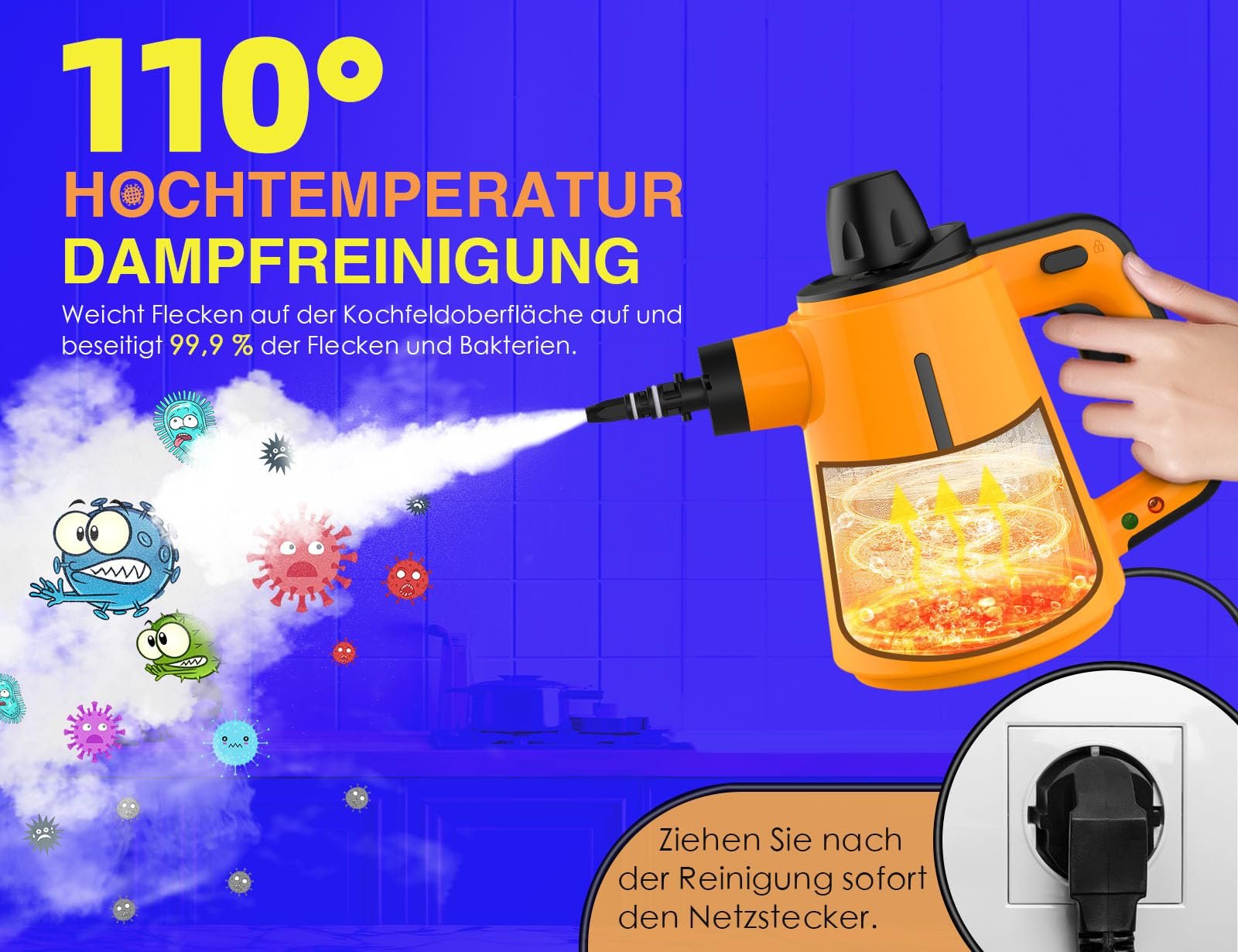 Пароочиститель 1050 W, 380 мл с 10 насадками, фото №2
