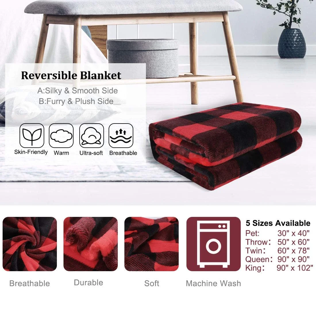 Плед PiccoCasa Клетчатый Шерстяной Большой Флисовый Теплый и Мягкий Плед для Гостиной/Дивана Красный и Черный 150 x 200 см, фото №3