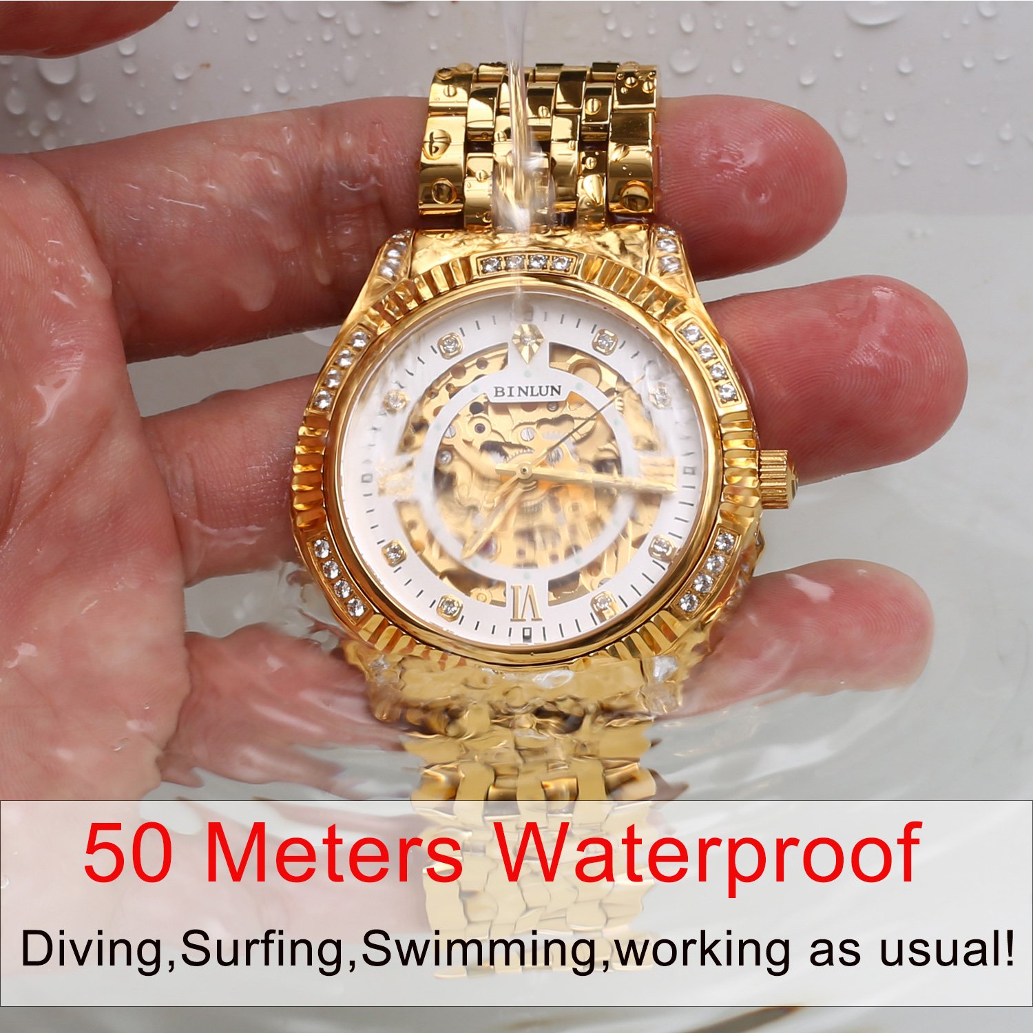 Годинник Binlun Analogue Automatic з браслетом з нержавіючої сталі позолоченим 18K Skeleton для Дня Святого Валентина, фото №3