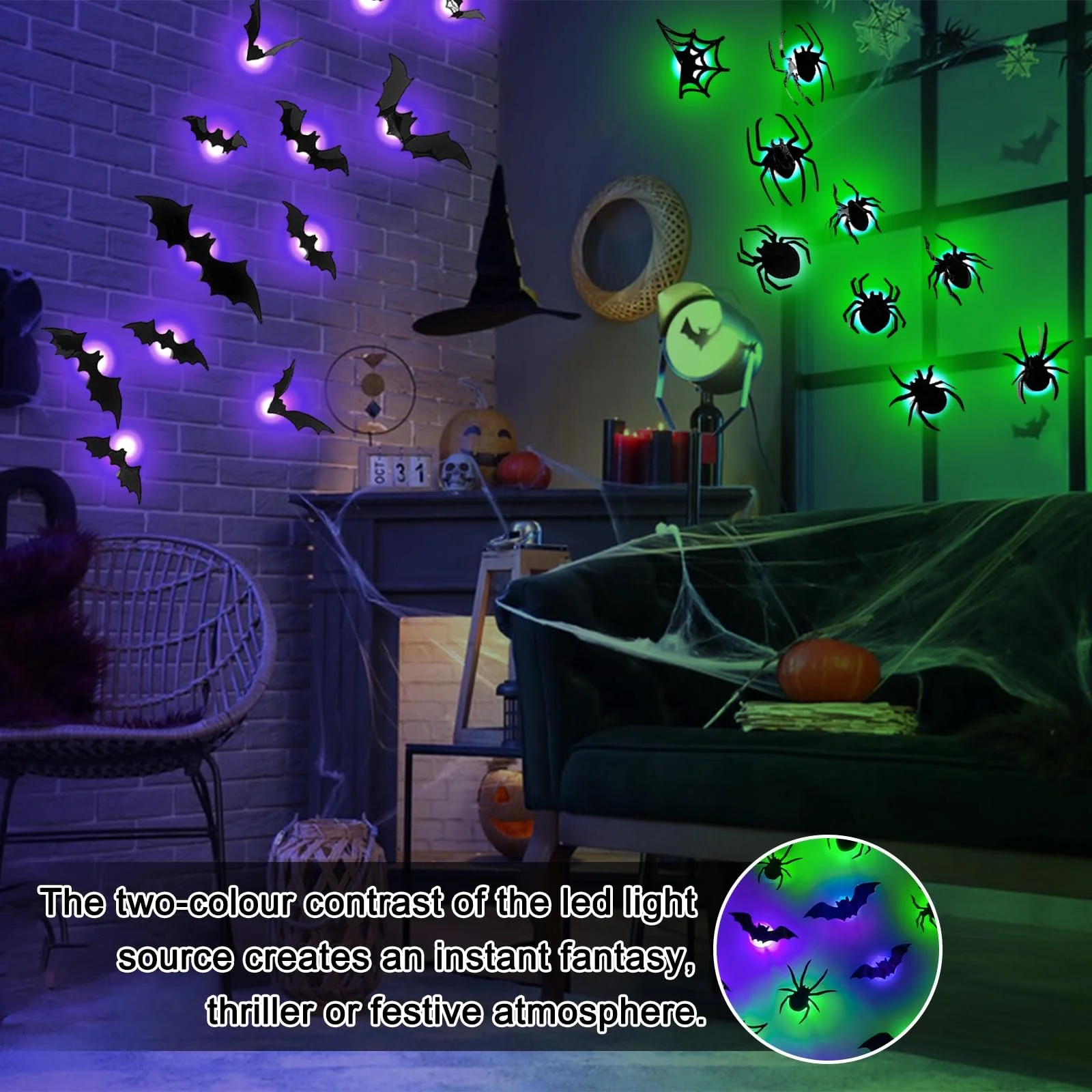 Набір декору на Хелловін 30 шт. 3D LED кажани павуки наклейки Готичний стиль, фото №5