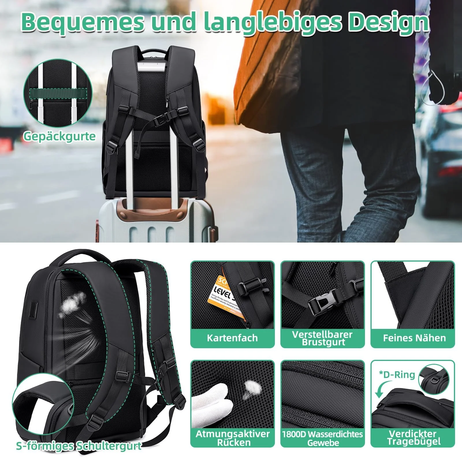 Рюкзак для ноутбука Fenree.geer 15.6 дюймів 1800D бізнес Чорний, фото №4