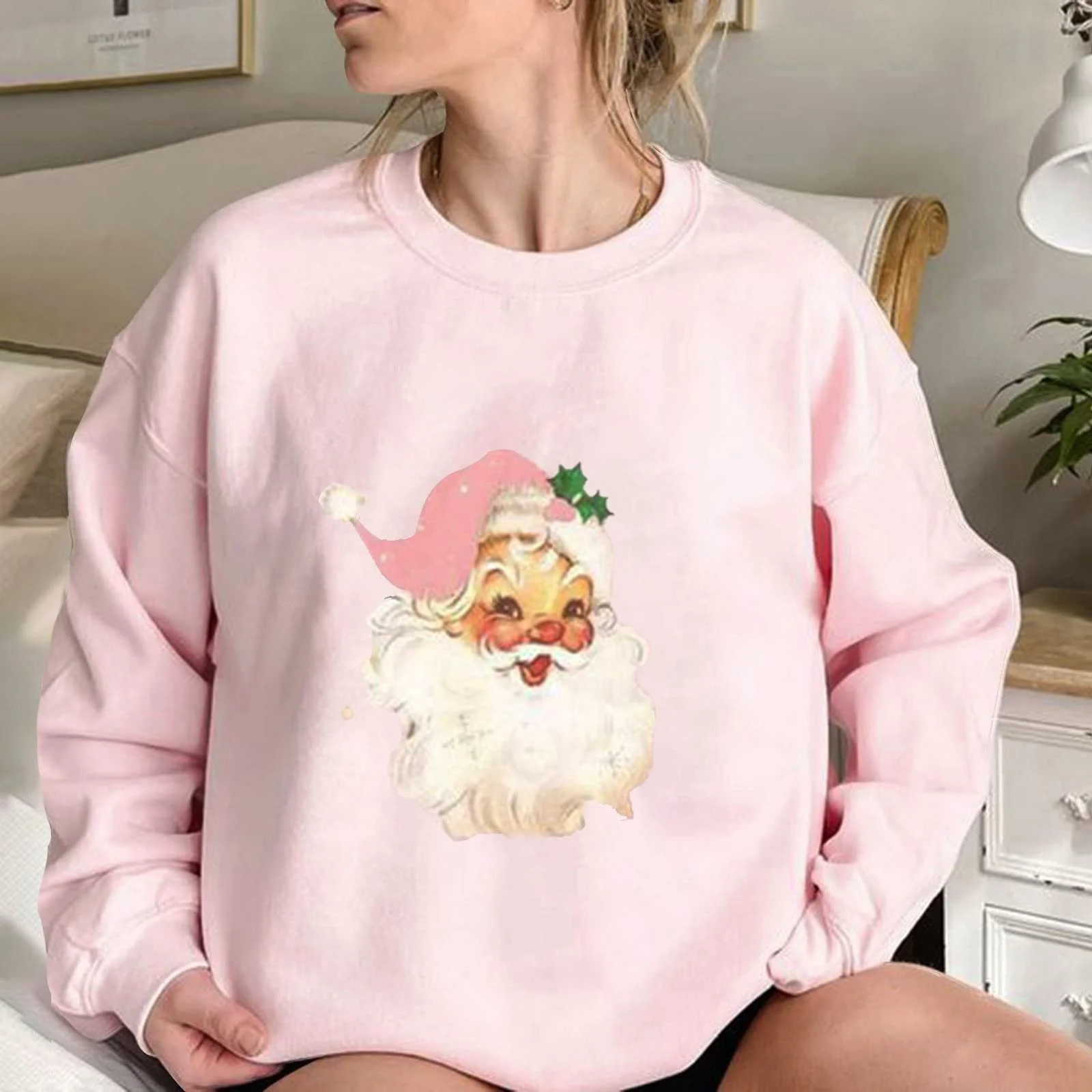 Рождественский джемпер Женский С красивым принтом Хлопковый Рождественский Рождественский джемпер Рождественский свитшот С круглым вырезом Рождественский джемпер Рубашка с длинными рукавами Рождественские топы Блузка, фото №2