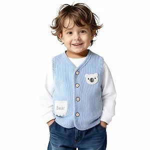 Жилет SYDUZAX Однотонный Флисовый Без рукавов с V-образным вырезом на пуговицах, милый принт мишки, толстый для детей, простой, милый, эластичный, приталенный, теплая куртка, детский жилет - Фото 1