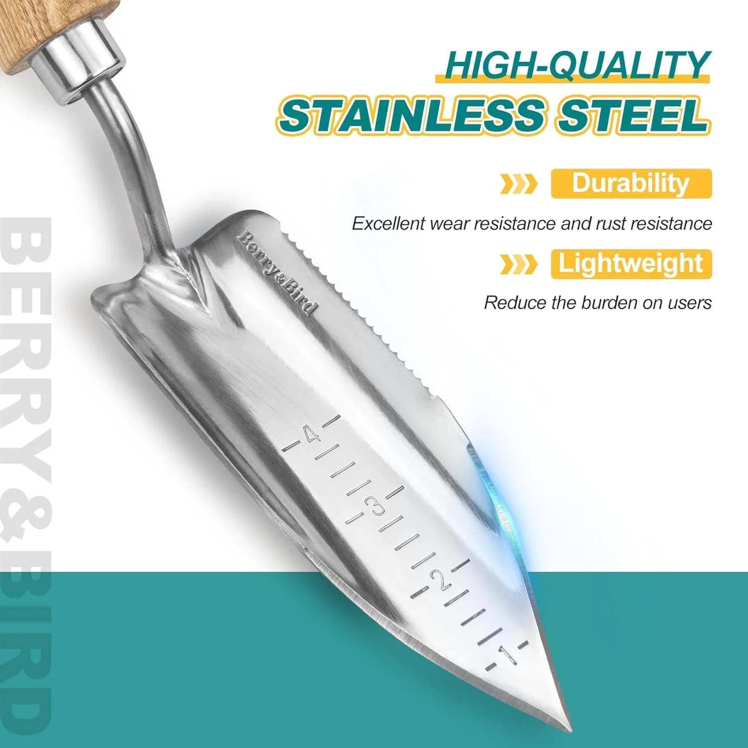 Лопата совковая посадочный Berry&Bird из нержавеющей стали с деревянной ручкой, измерительная шкала, фото №4