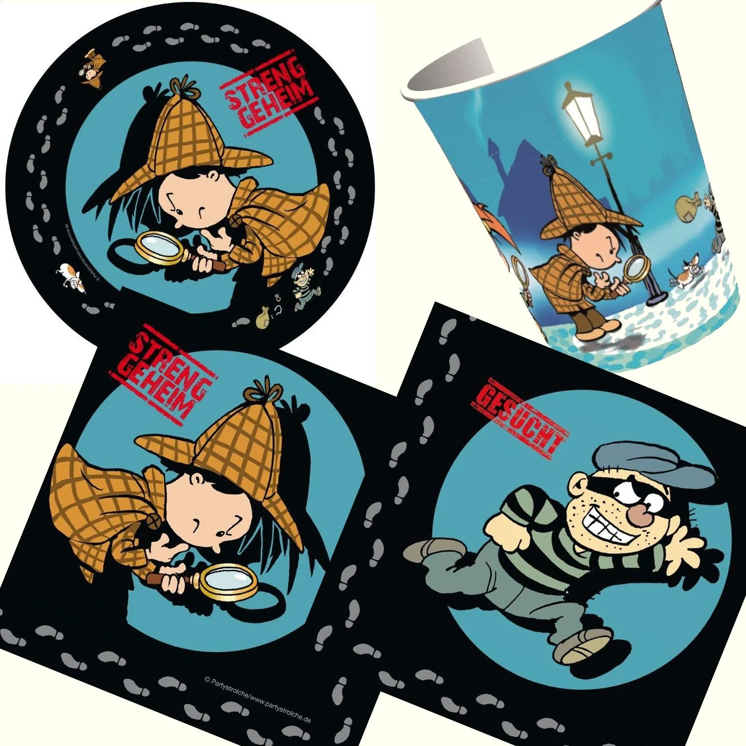 Набір посуду для вечірки Детектив Фло, 36 предметів: 8 тарілок, 8 стаканів, 20 серветок, конфетті XXL, фото №1