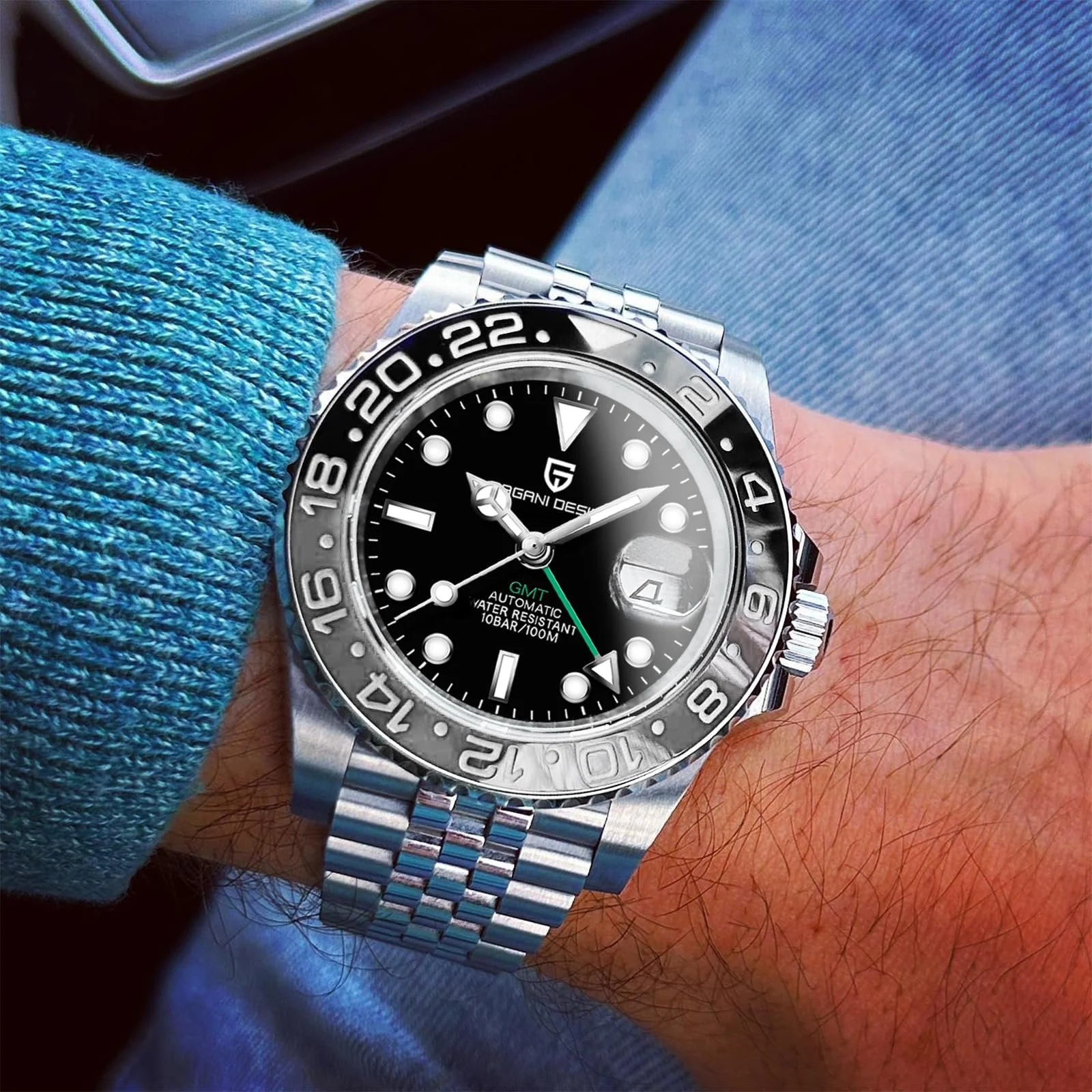 Часы Pagani Design Мужские Автоматические Механические GMT Dual Time Zone Наручные Часы Нержавеющая Сталь Двухцветный Керамический Безель 100 м Водонепроницаемые PD-1662, фото №3 Часы Pagani Design Мужские Автоматические Механические GMT Dual Time Zone Наручные Часы Нержавеющая Сталь Двухцветный Керамический Безель 100 м Водонепроницаемые PD-1662, фото №3