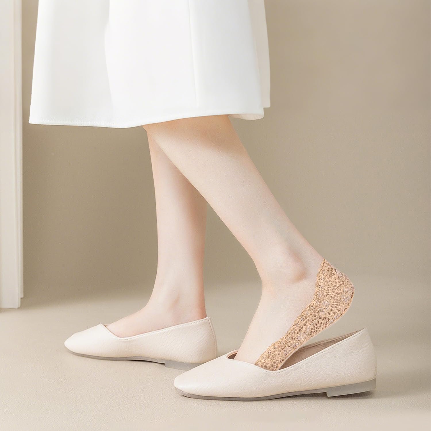 Женские носки-невидимки Кружевные 6 пар - Нескользящие низкие с силиконовым захватом для мокасин / балеток / кроссовок / туфель (Натуральный), фото №6